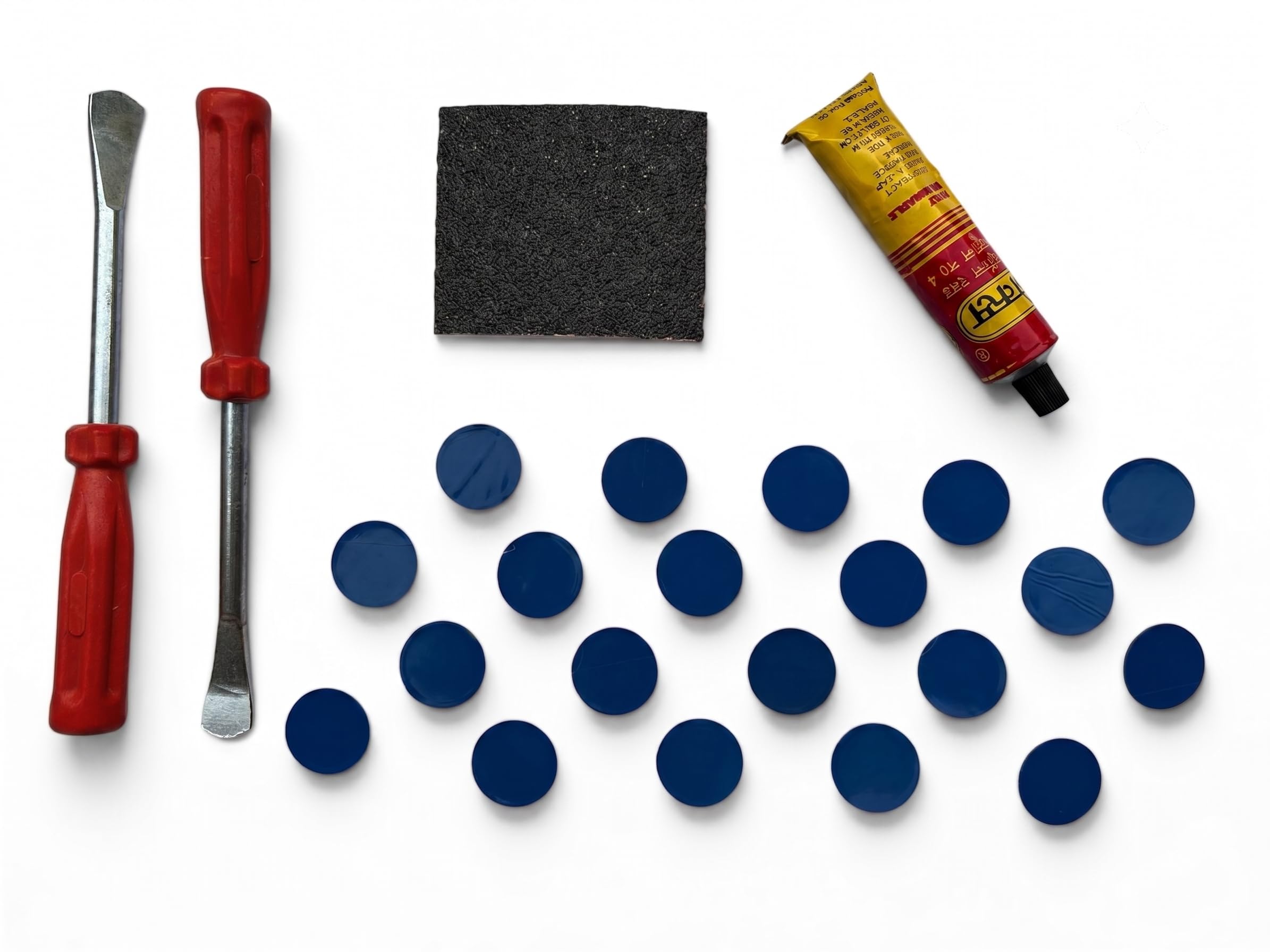 emergency cycle, rickshaw and swimming tube puncture repair kit with 2.6cm round patches with german technology- includes rubber adhesive, emery paper and tyre lever