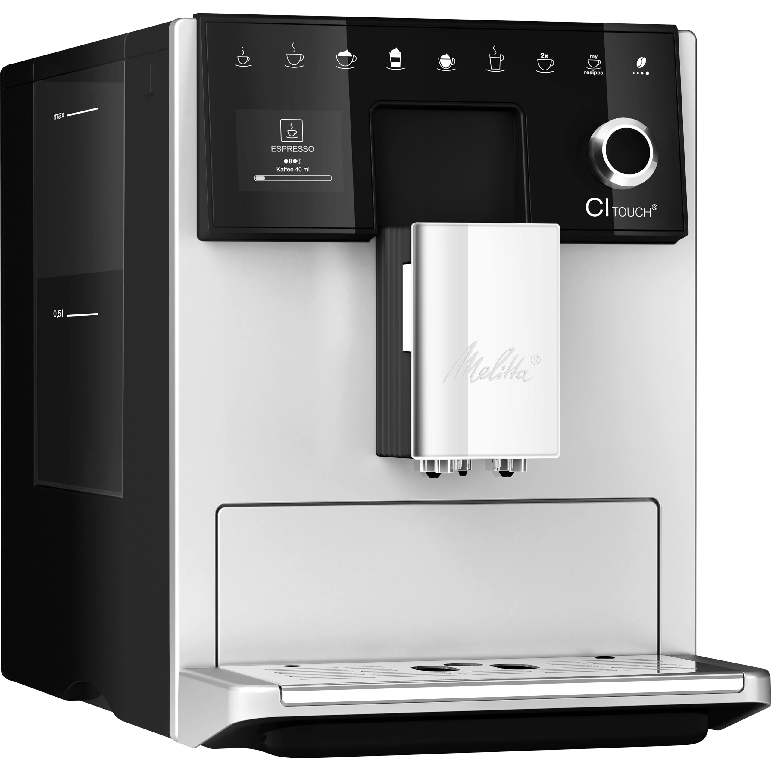 Melitta CI Touch - Kaffeevollautomat mit Milchsystem, Kaffeemaschine mit integrierter Kaffeemühle und Milchaufschäumer, für z. B. Espresso oder Cappuccino, silber
