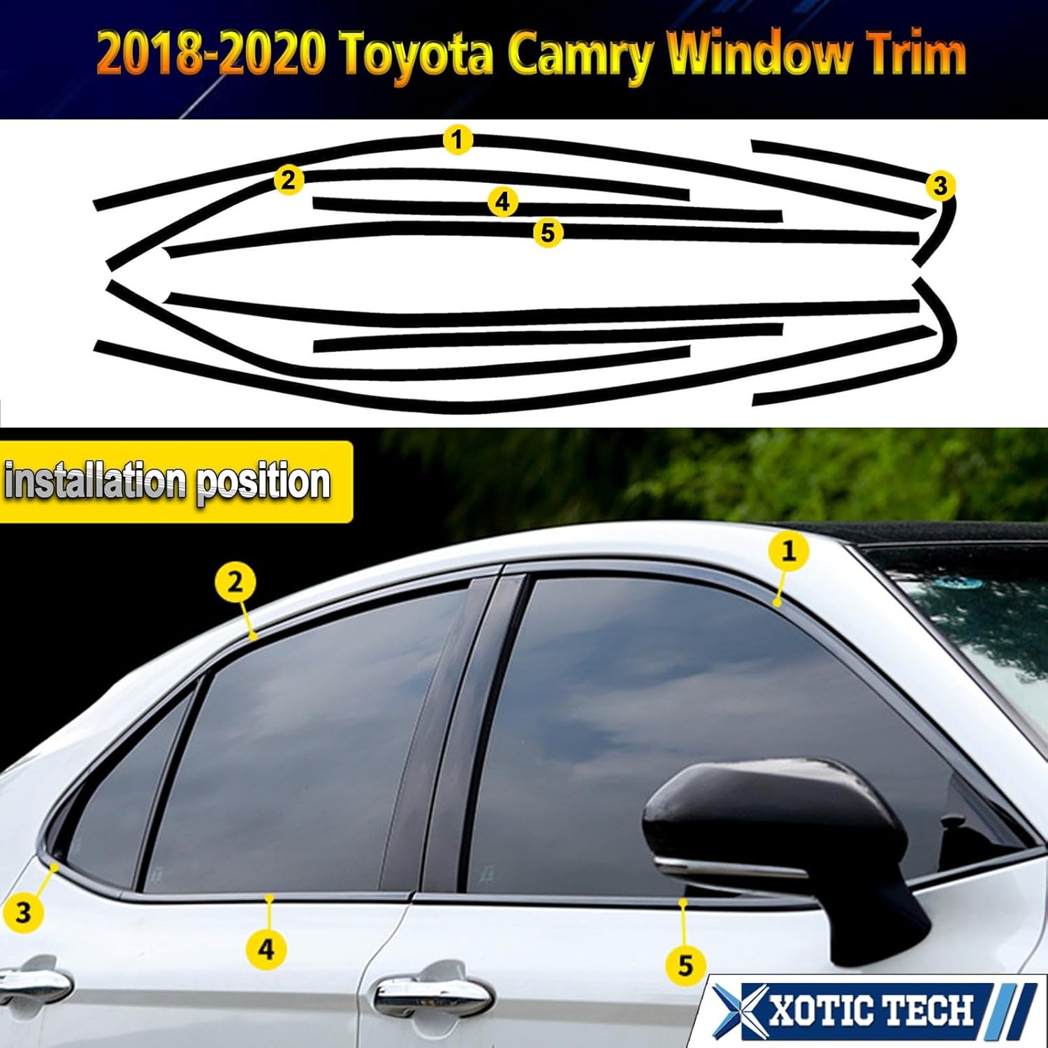 x xotic tech Window Trim Chrome Delete Blackout Overlay Kit Compatible with Toyota Camry 2018 2019 2020 2021 2022 2023 2024 Exterior Decoration Accessories (Glossy Black)