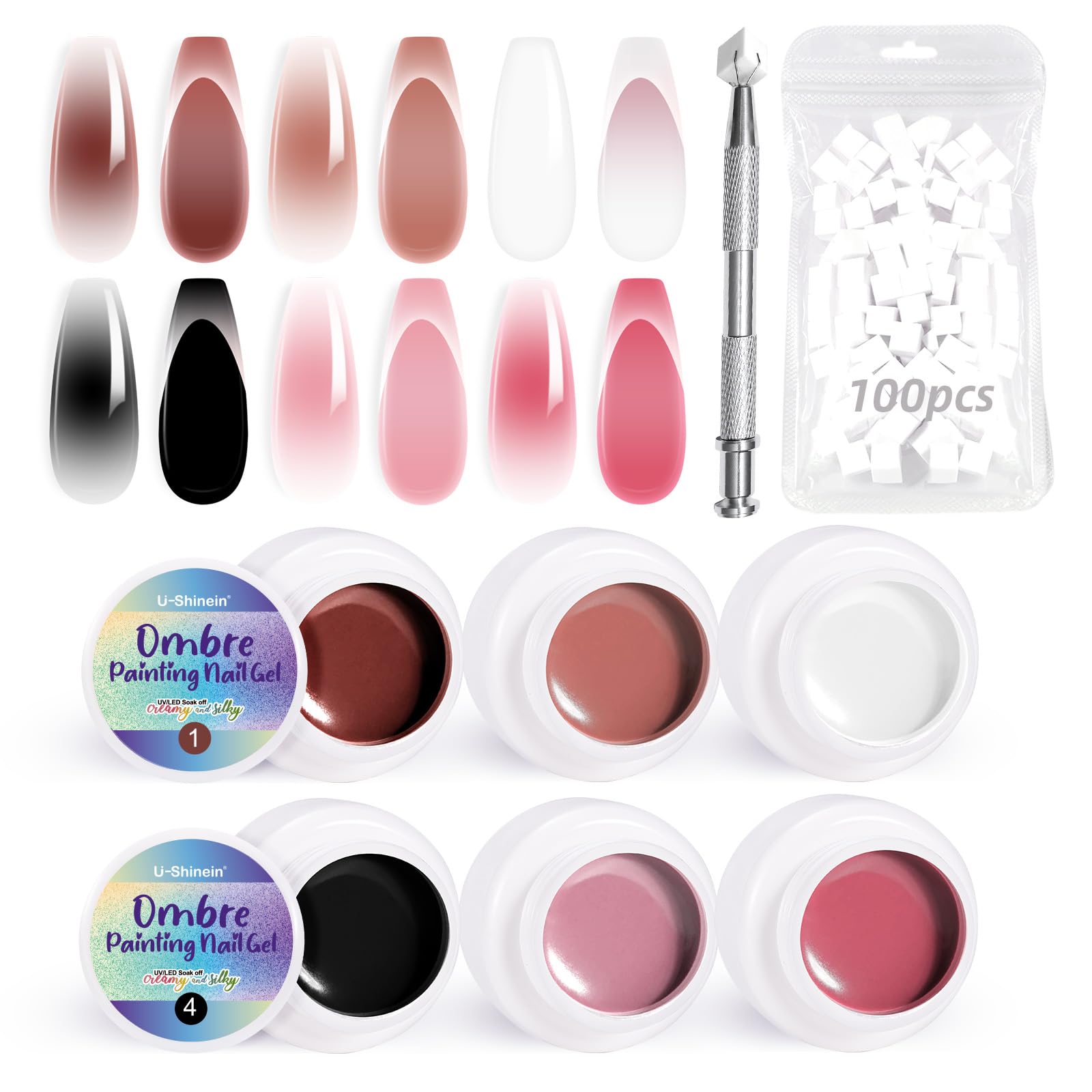 U-Shinein 6Pcs Ombre Gel Nail Polish Set,Spring Summer Colorful Painting Nail Gel with 100Pcs Nail Sponges & 4 Claws Metal Grabber for Diy Nail Art（A）