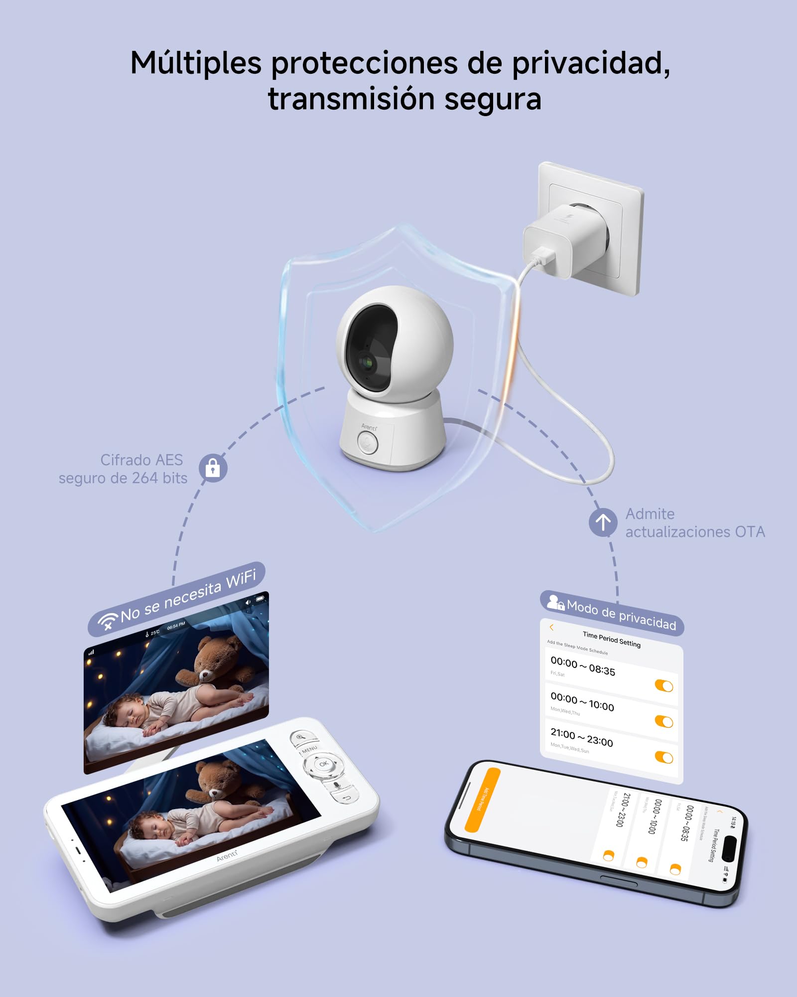ARENTI Vigilabebes con 2 Camaras con Pantalla de 5'', 1080P Camara Vigilancia Bebe, Audio Bidireccional, Detección de Movimiento y Sonido, Visión Nocturna, Sensor Temperatura, Modo VOX, Alarma de Área