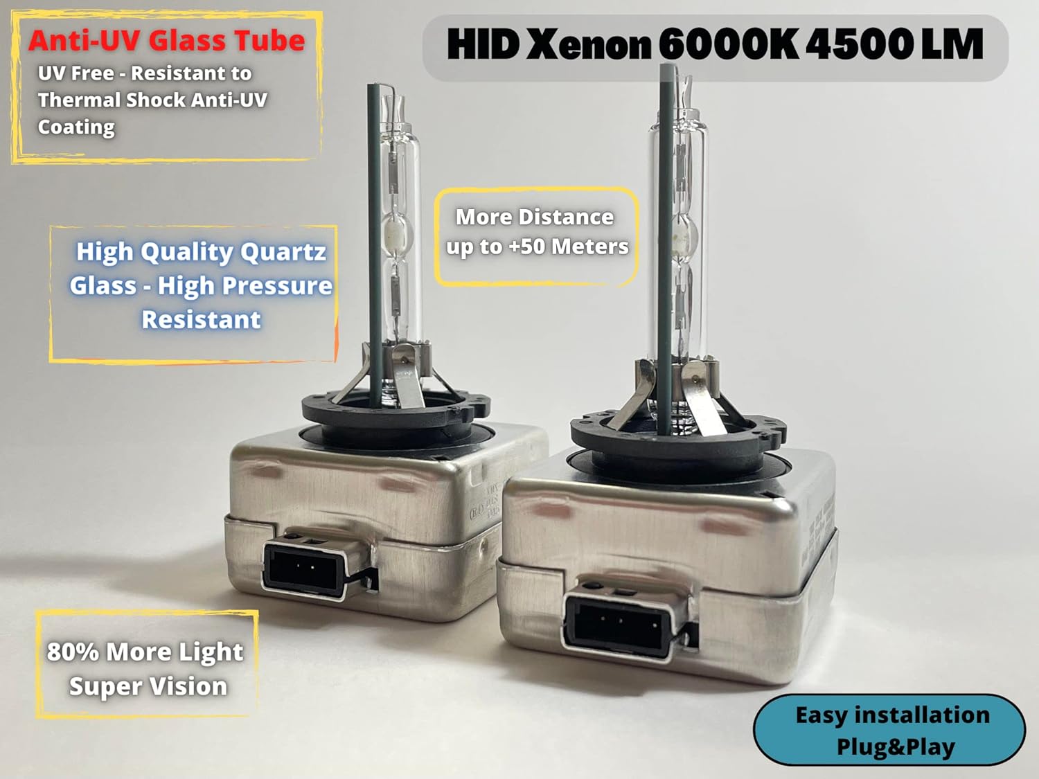 D1S SUPER BRIGHT HID Xenon Headlight Bulbs 35W Cold White 6000k 9000 LM - Replacement Bulbs - Pack of 2