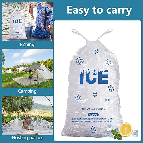 Vista 27 de Paquete de 100 bolsas de hielo de plástico con cordón de 20 libras, bolsas de hielo resistentes de 14 x 28 pulgadas con cuerda de plástico