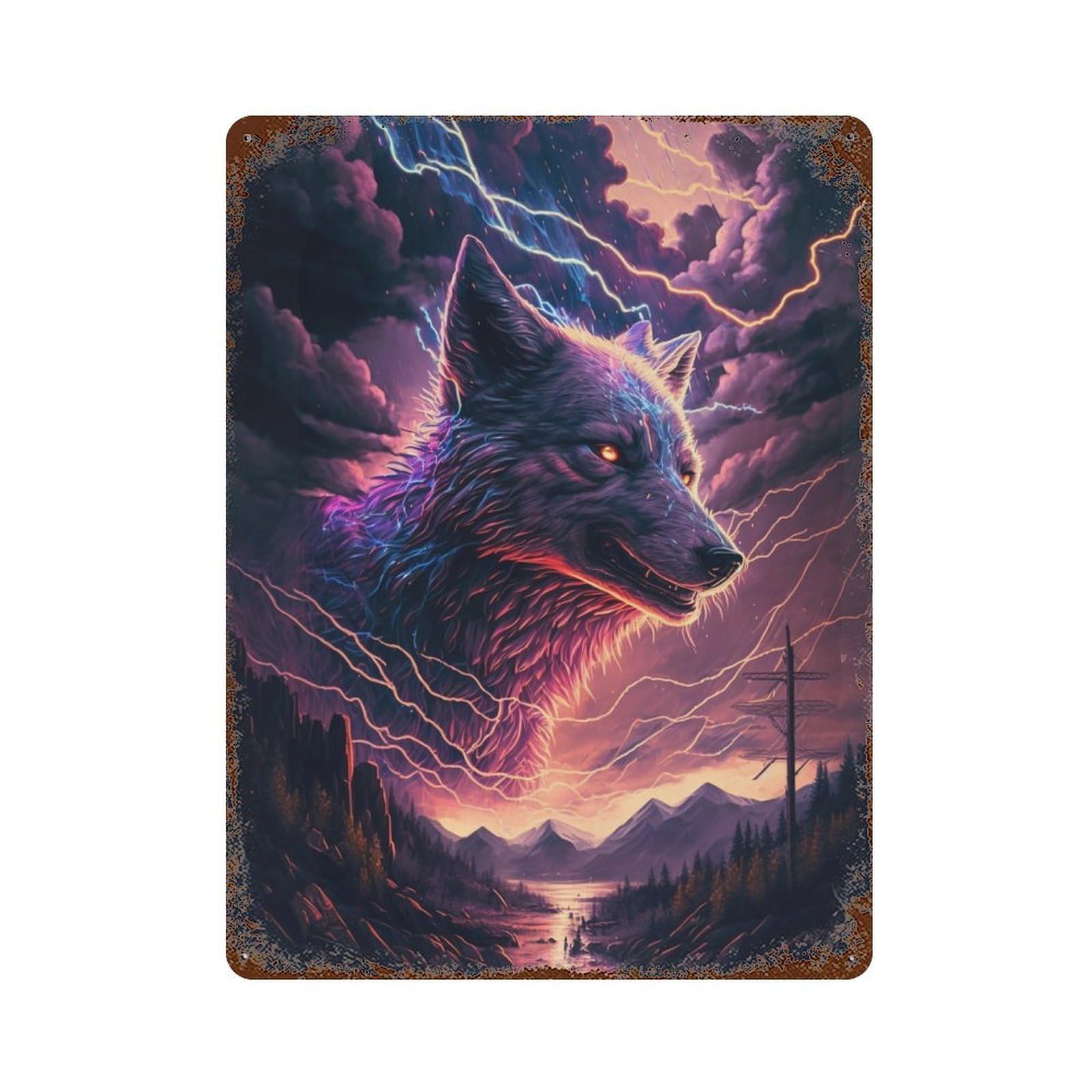 Thundering Wolf Majesty -1 Rust Effect Tin Sign 15.7"x11.8", Rustic Home Decor for Garage, Pub Or Kitchen