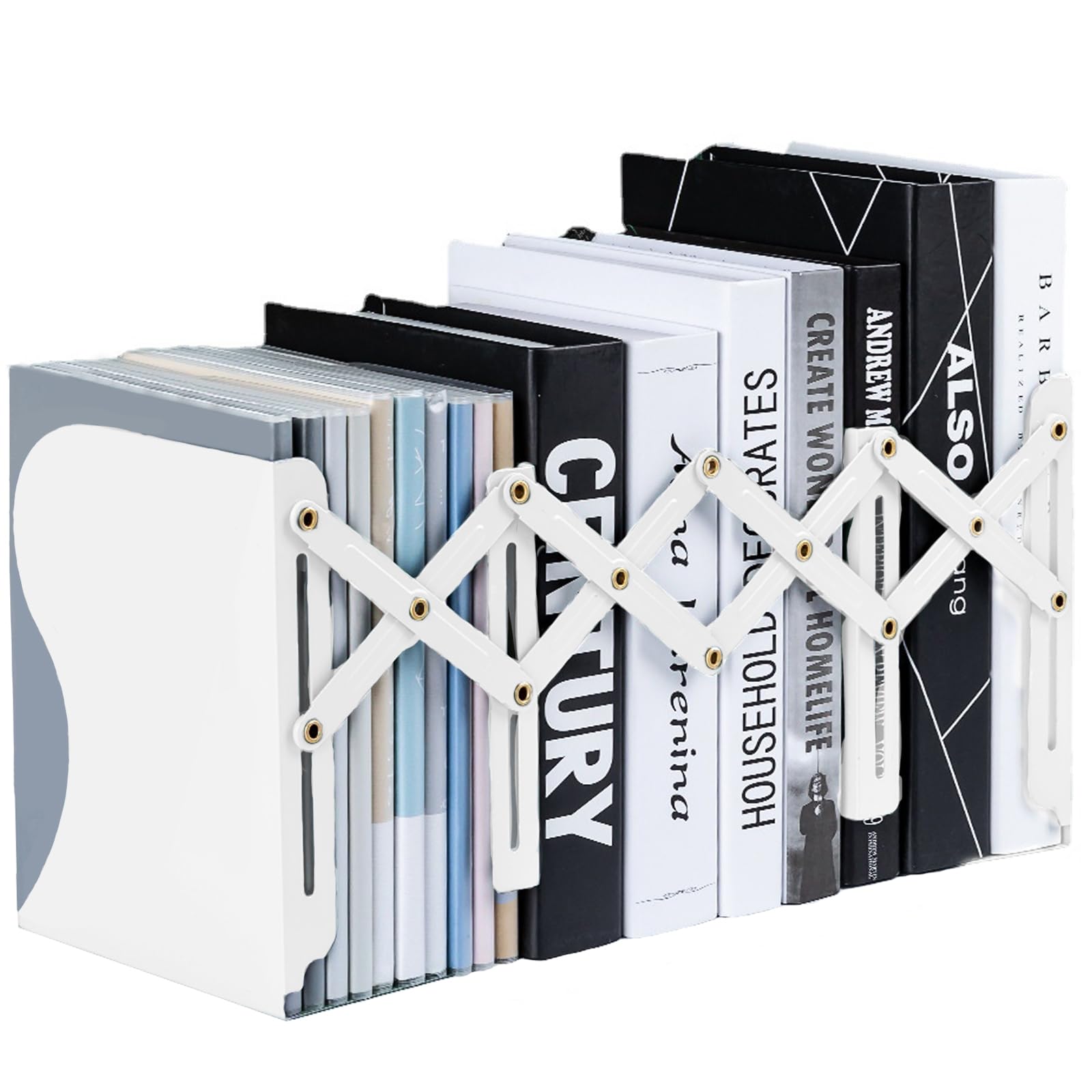 Book Ends - Adjustable Metal Book Ends for Shelves, Heavy Duty Expandable Bookends, Desk Bookshelf Book Storage Stand Book Holder Book Stopper Book Organizer Rack for Kids Home Office School (White)