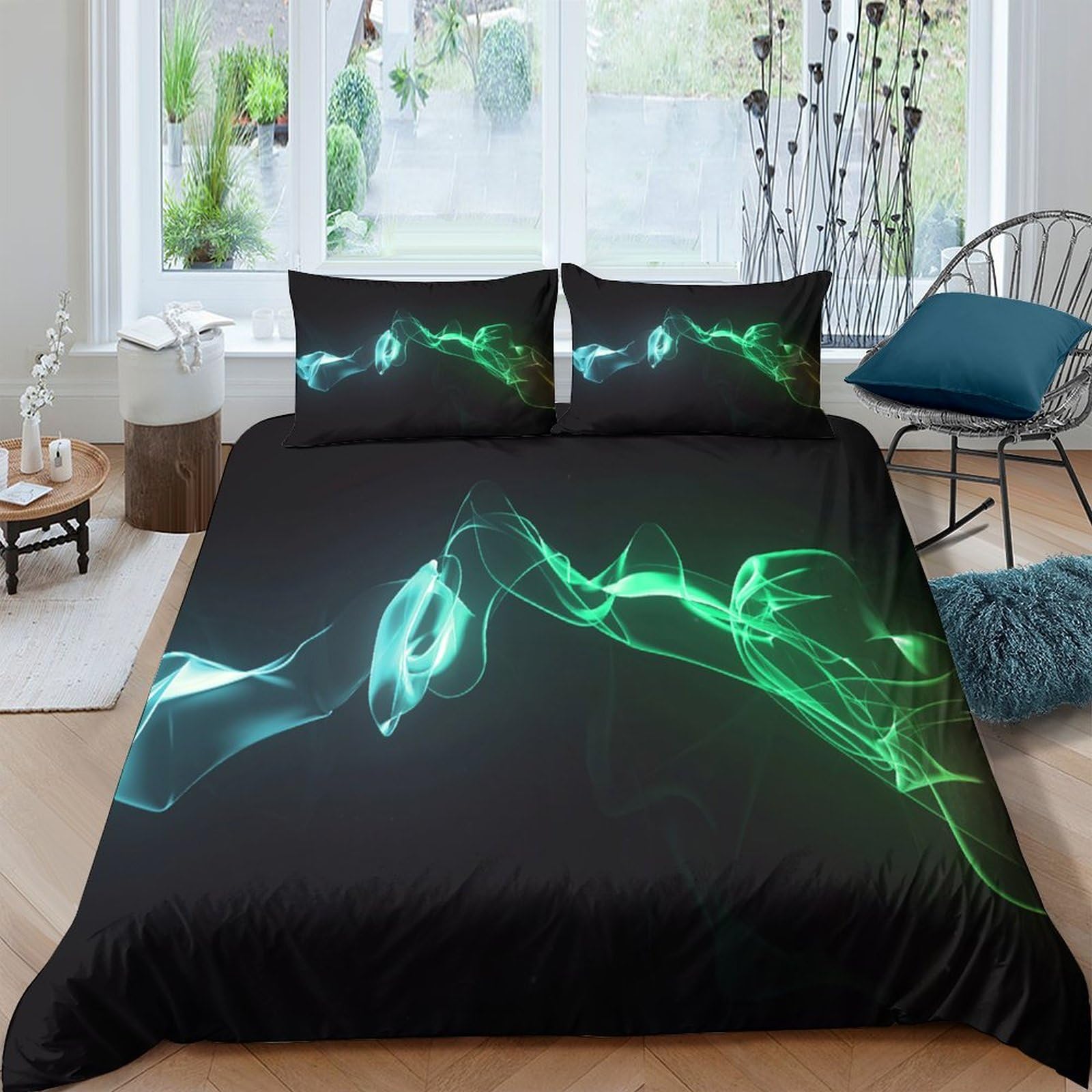 Ctjqhvkz Style-8 3D Printed Green Neon Smoke Fitted Sheet Microfiber Soft Breathable Black Abstract Mattress Cover For Bedroom Dorm Decor Single（135X200cm）