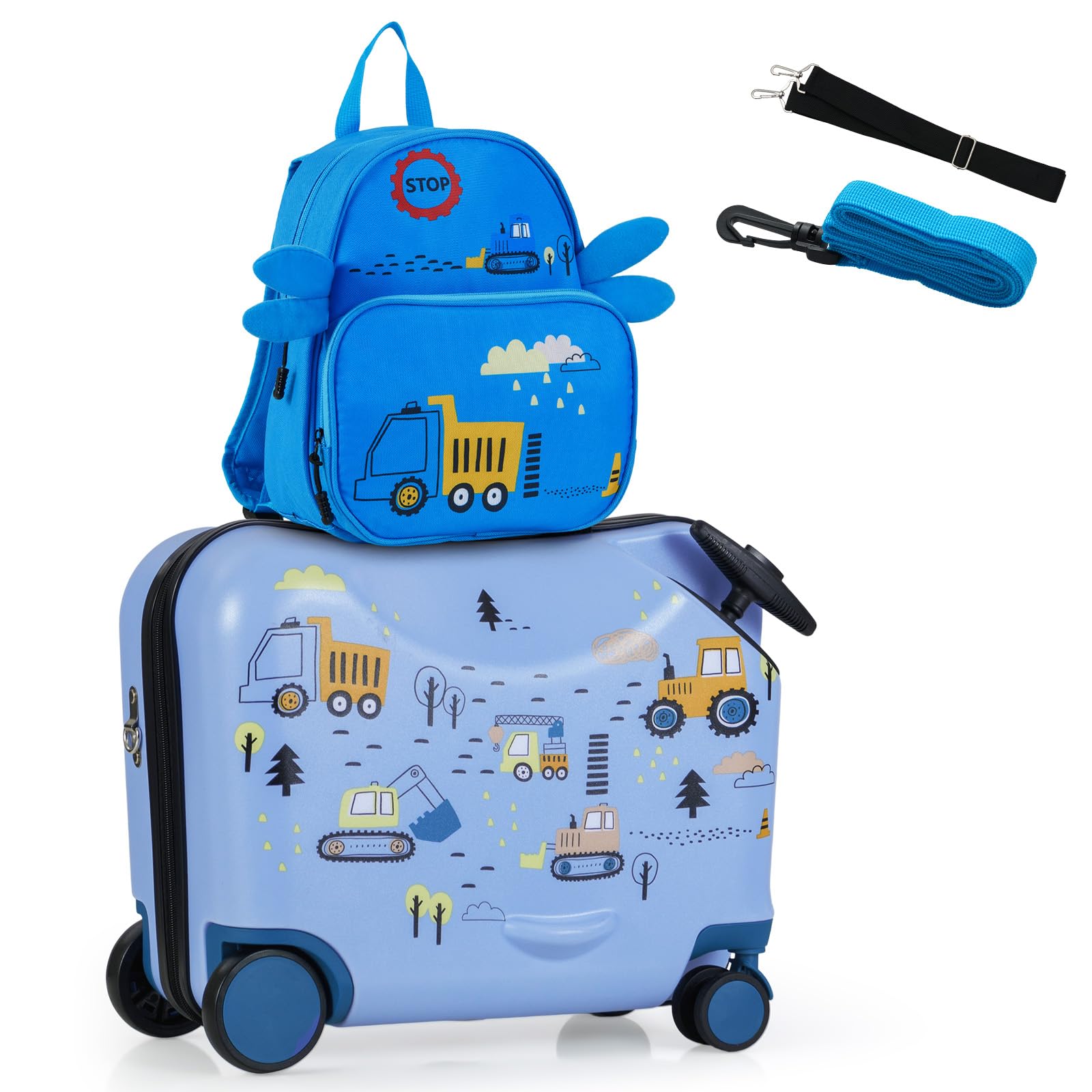COSTWAY 2tlg Kinderkoffer + Rucksack, 12"+18" Kindertrolley mit Rollen & wasserdichter Hartschale, Kindergepäck mit Tragegurt, Seil & Fußstützen, Rollkoffer für Jungen Mädchen (Bagger)