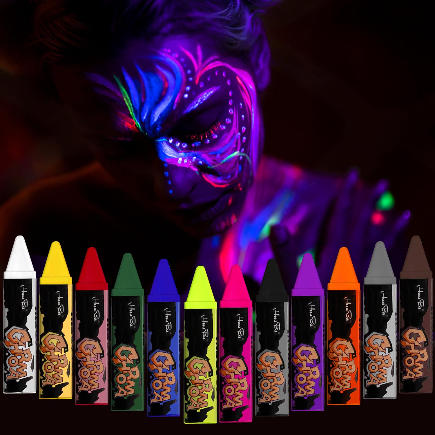 NebulaGlam 12 Colores Pintura De Cara De Neón Brillante UV, Ceras Fluorescente De Color De La Cara, Cera Lápiz UV Neón Para Rostro y Cuerpo, Para Halloween, Mardi Gras, Fiesta De Disfraces
