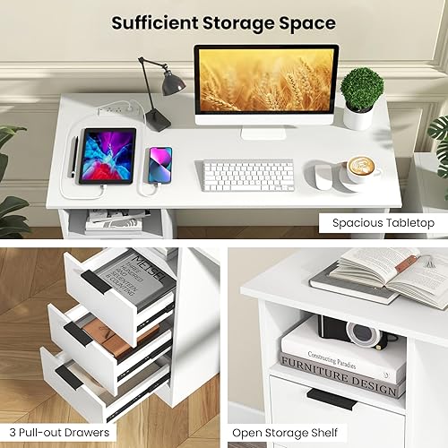 Miniatura 7 de Tangkula Escritorio blanco con 3 cajones y estación de carga, escritorio de oficina en casa con estante abierto, escritorio de estudio, estación de