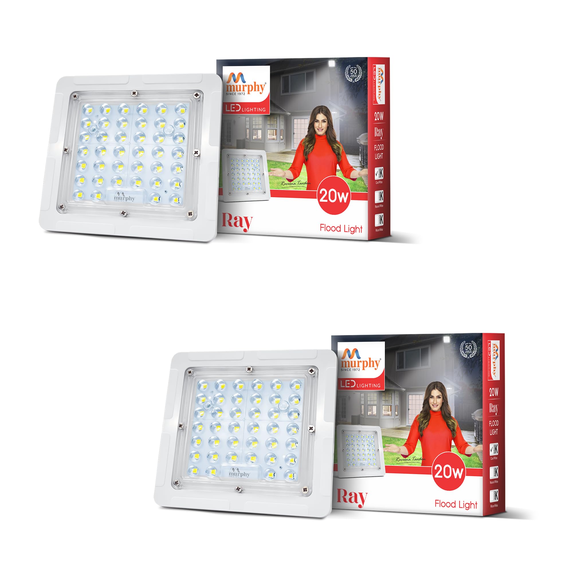 Murphy Ray 20W LED Flood Light with 2-Year Warranty | Cool White | High Brightness Outdoor LED for Security, Landscape, Warehouse, Backyard | IP66 Waterproof | BIS Approved Pack of 2