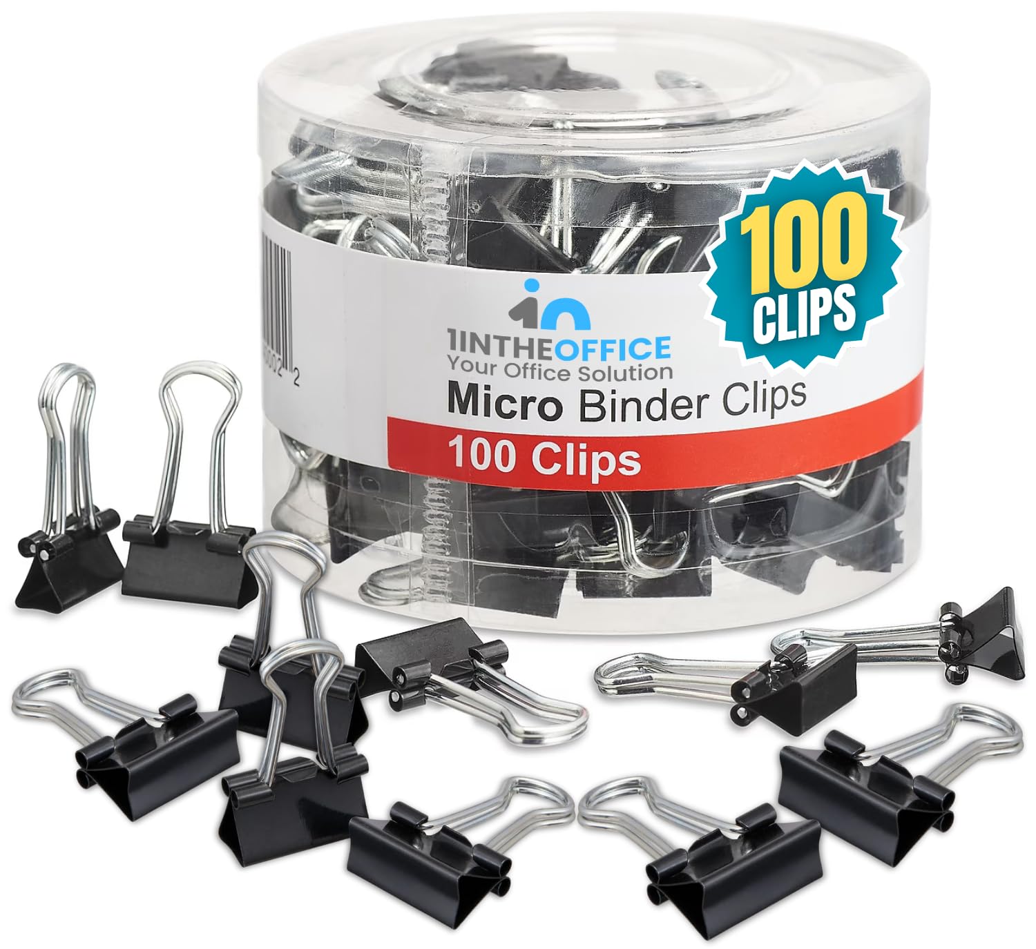 1InTheOffice Micro Binder Clips, Paper Clamps, Metal Binder Clips, 0.13" Capacity, Black, 100 Pack