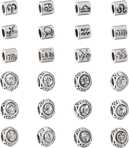 Cheriswelry 24 cuentas de plata antigua del zodiaco de constelación europea  Abalorios Rondelle de agujero grande para hacer joyas de bricolaje