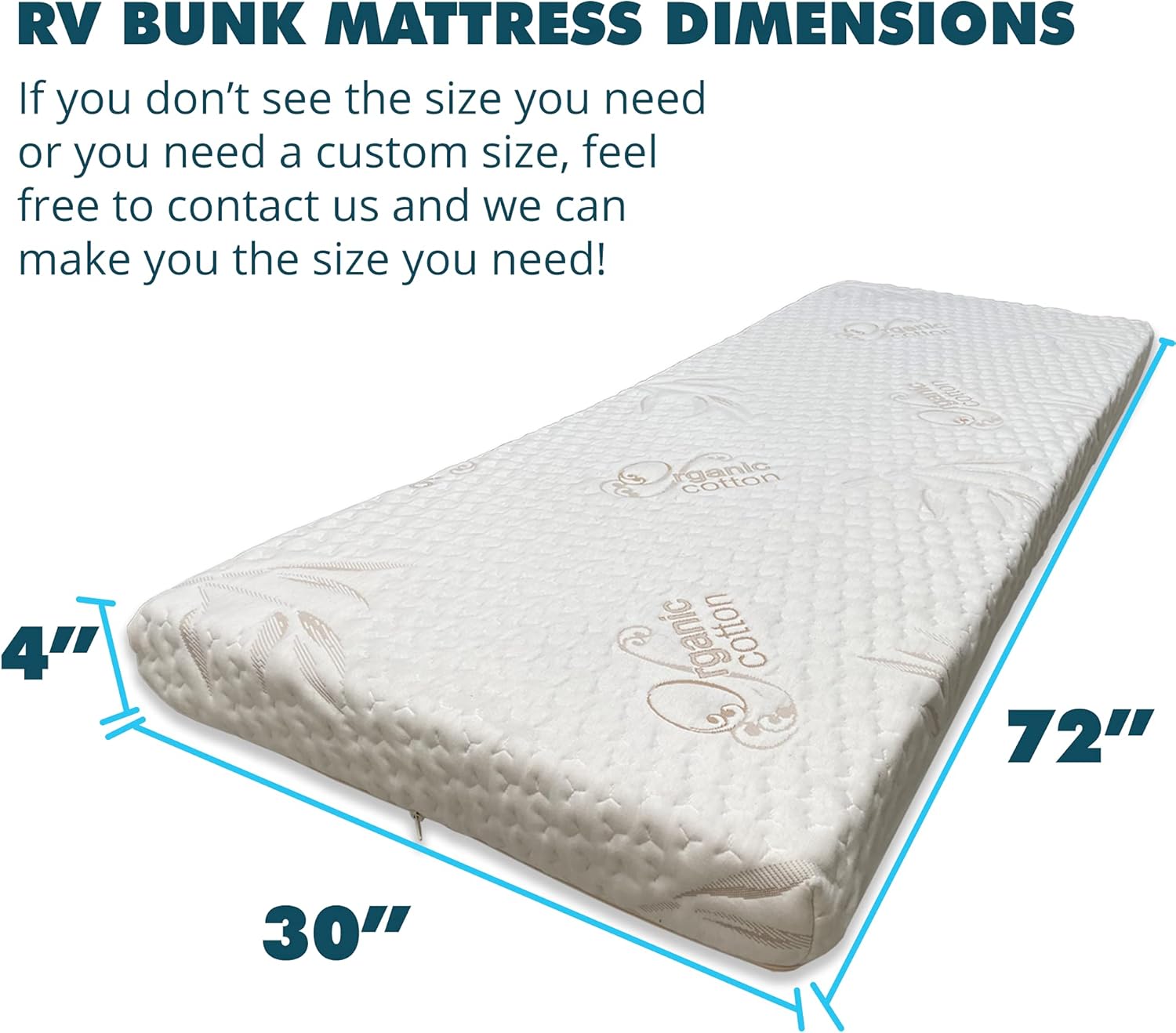 Foamma 4" x 30" x 72" Memory Foam Mattress for RV with Water Resistant Organic Cotton Cover, Firm High Density Foam Base, USA Made, CertiPUR-US Certified Foam