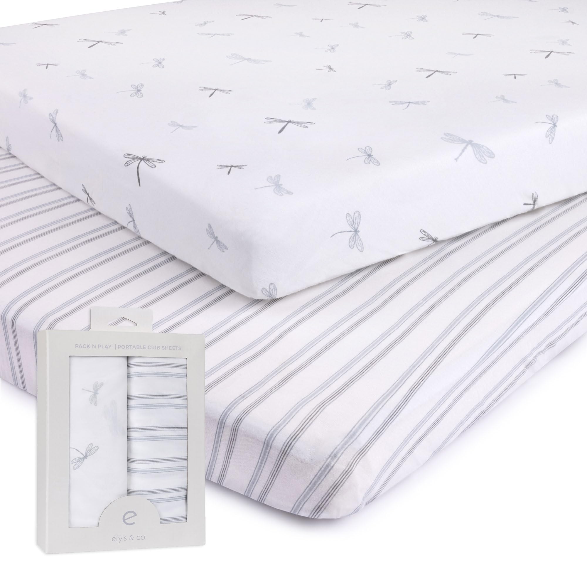 Ely's &amp; Co. Pack and Play Sheets, for Mini/Portable Crib, 2 Pack Fitted Playpen Play Yard Sheet Set Compatible with Graco Pack n Play, for Baby Boys, 100% Cotton, 38”x24”x5” Blue Dragonfly + Stripes