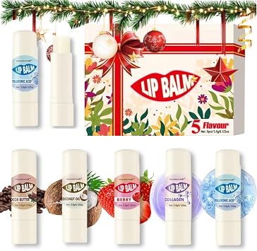 5 Pieces Christmas Lip Balm Gift Set, Lip Care Gifts, Nourishing Lip Balm, Long Lasting Moisturizer, Nourishing Lip Cream Set, Coconut, Strawberry, Cocoa Butter, Collagen, and Vitamin E