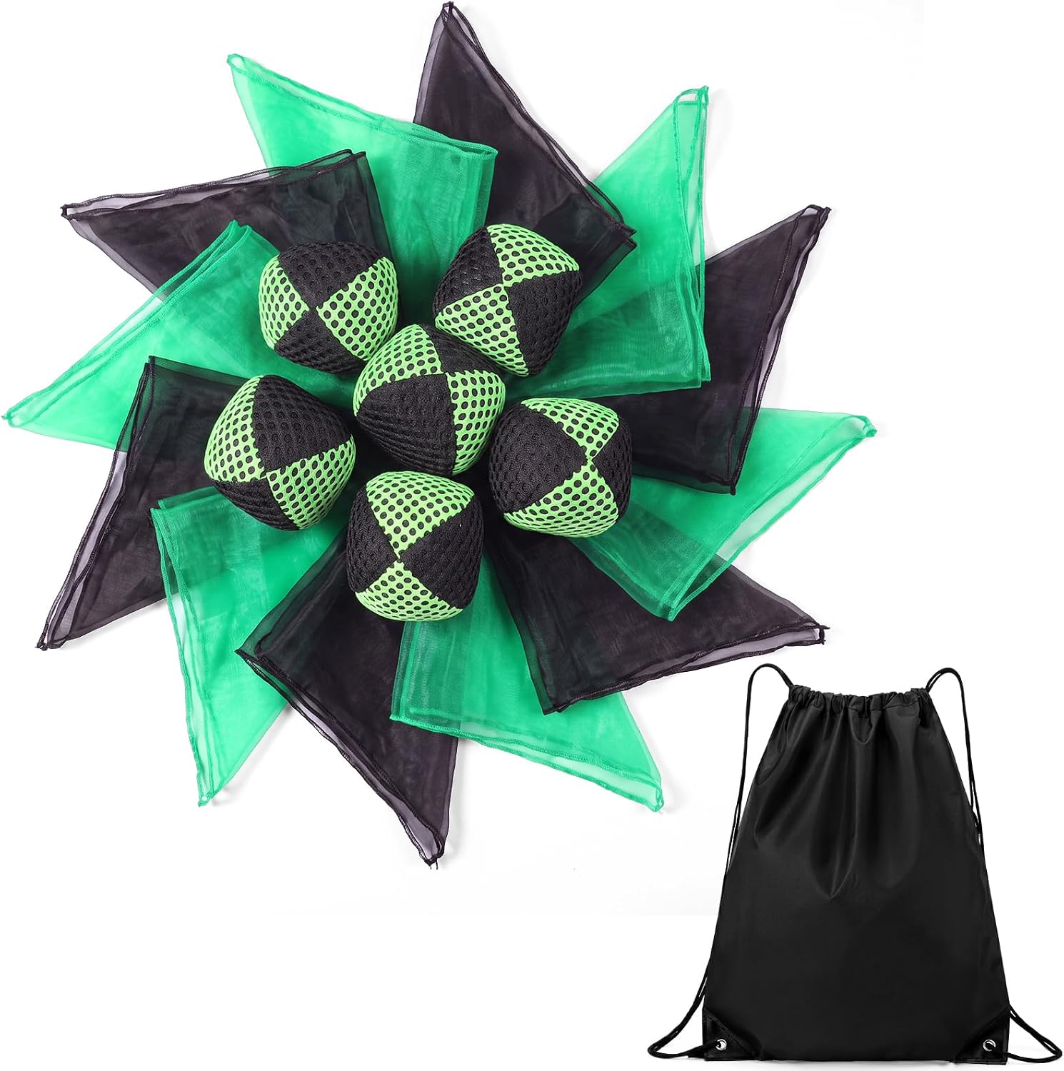 Soulchen Juggling Scarves and Balls, Include 6 Balls 12 Scarves and Storage Bag, Colorful Juggling Starter Kit for Hand-Eye Coordination and Active Play Beginner (Set of 6,Black Green)