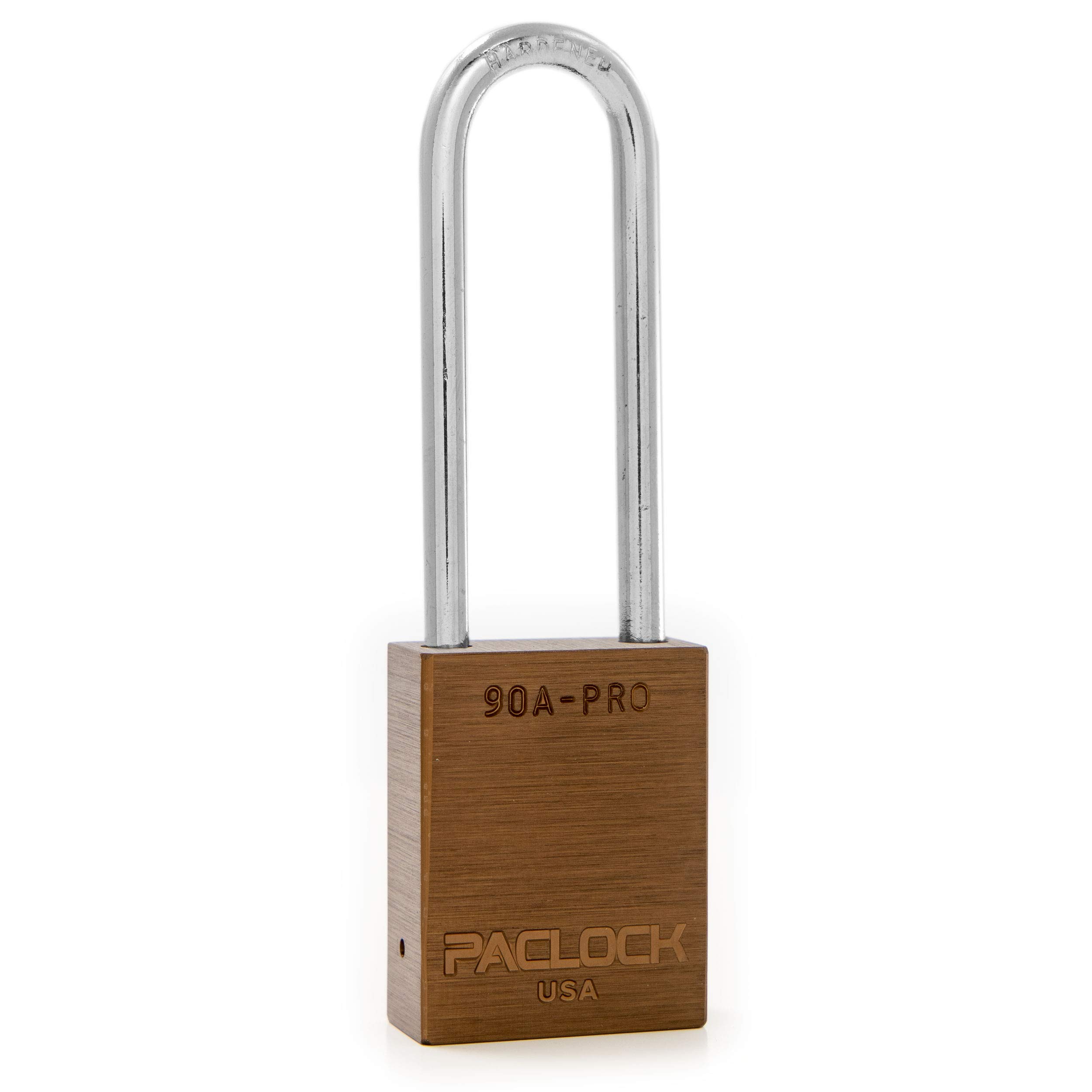 PACLOCK's 90A-PRO Padlock, 1/4" Diameter Hard. Steel Shackle, 3" Tall, High Performance 7-Pin Cylinder w/ 1 Key, Keyed Alike, Brown