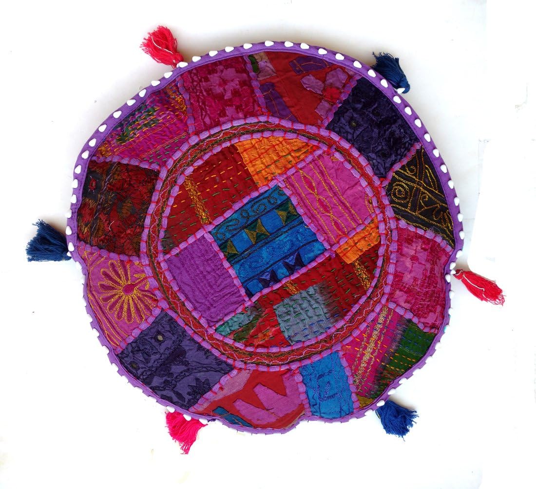 Rastogi Handicrafts Cotton - Old Sari Patch Work Pillow Cover - Indian Pouf Organic Decor Cushion Cover Round Circle 17" (Brown)