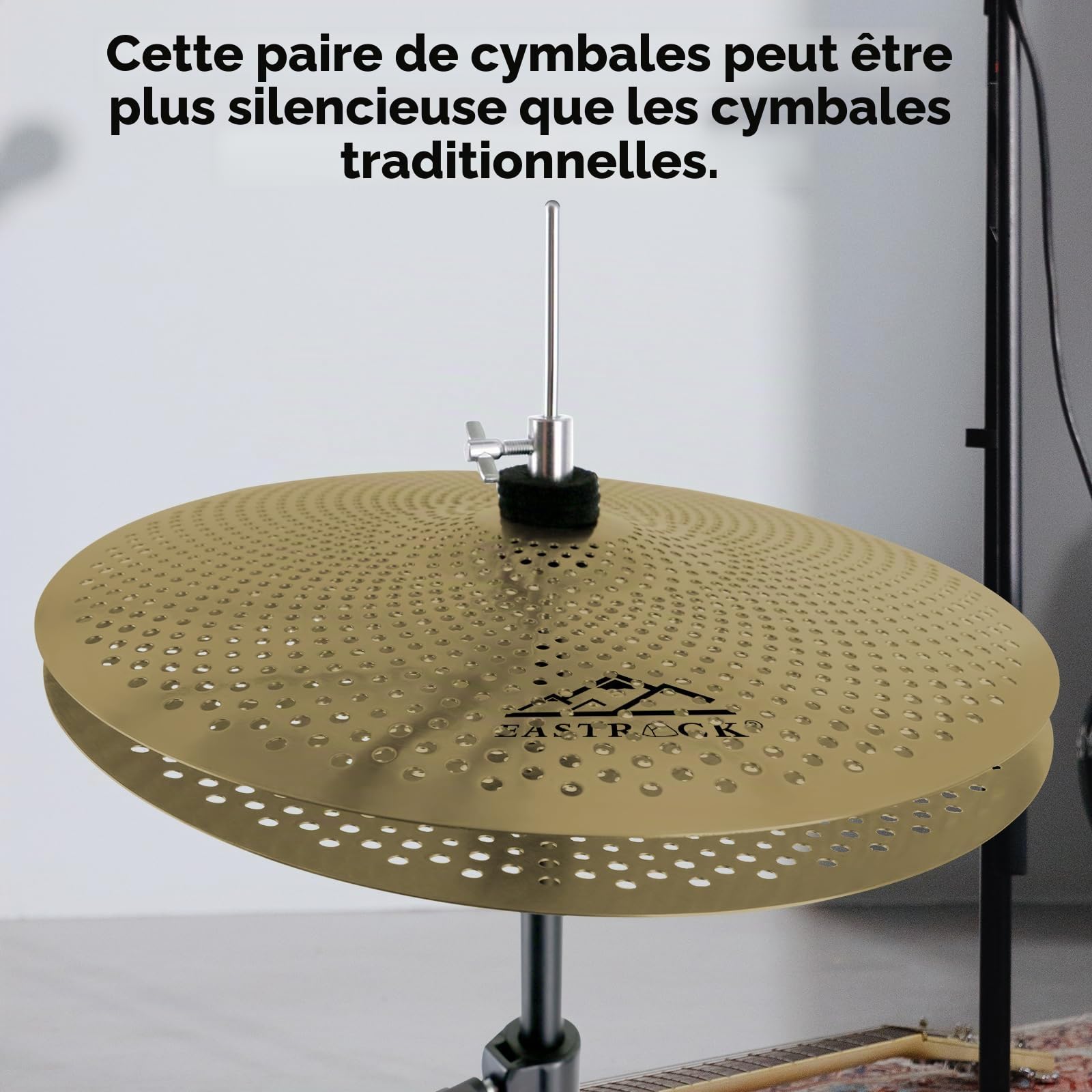 EASTROCK Ensemble de Cymbales à Faible Volume - Ensemble de 5 Pièces, Charleston 14 Pouces + Cymbales Crash 16 Pouces et 18 Pouces + Cymbale Ride 20 Pouces avec sac pour Cymbales et Feutres (Or)