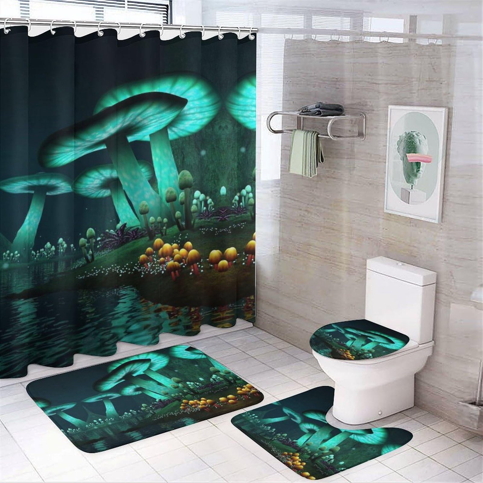 JZemdybill Bathroom Mat Set 4 Piece, Psychedelic Mushroom Shower Curtain with Non-Slip Bath Mats for Bathroom