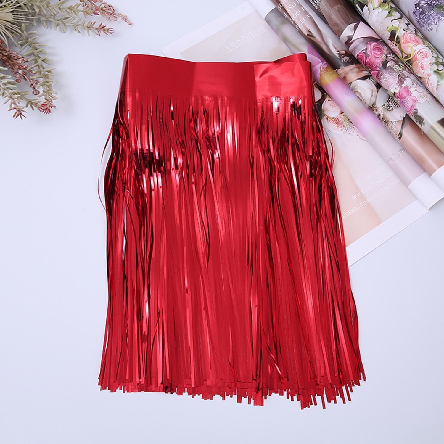 Red Foil Fringe Garland 6Pcs 10 Feet Metallic Tinsel Hanging Curtain Glitter Backdrop Banner for Parade Floats Christmas Wedding Party Decorations