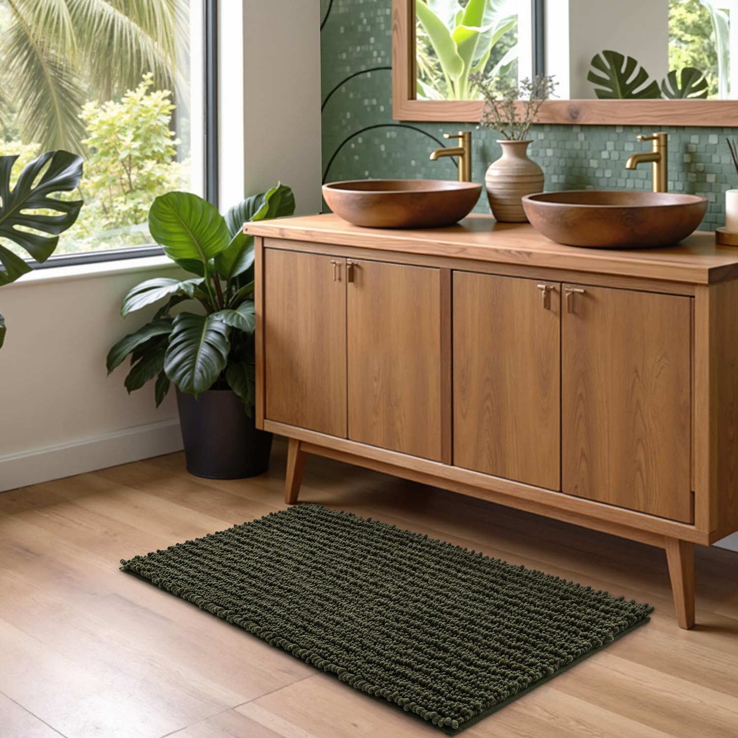 DEXI Tappeto da bagno 61 x 109 cm, super morbido, in ciniglia, assorbente, antiscivolo, lavabile in lavatrice, soffice tappetino da bagno per vasca, pavimento doccia, verde oliva