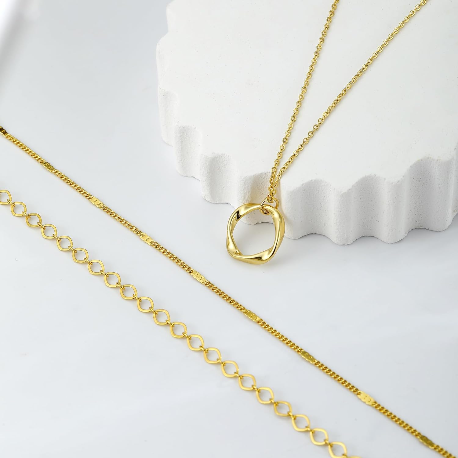 Gold Necklace for Women Layered Stackable Stack 14K Gold/Silver Plated Adjustable O Chain Texture Tag Charm Necklace for Women Layering Pendant Trendy Jewelry Set Gifts - Image 6