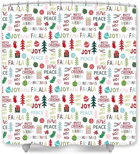 JAWO Cortina de ducha colorida de Navidad para el baño de los niños, bola de Feliz Navidad, regalo de árbol de pino, decoración de baño, decoración