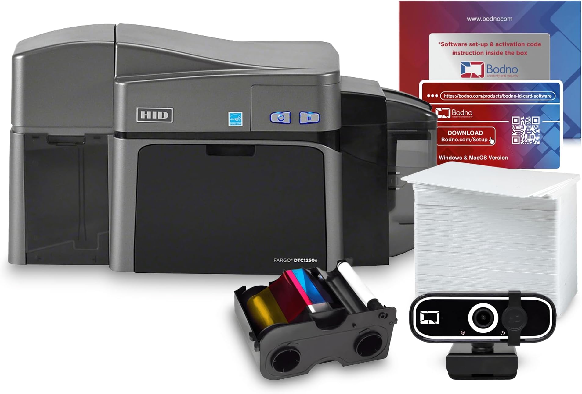 Bodno Fargo DTC1250e Dual Sided ID Card Printer & Complete Supplies Package with Silver Edition Software