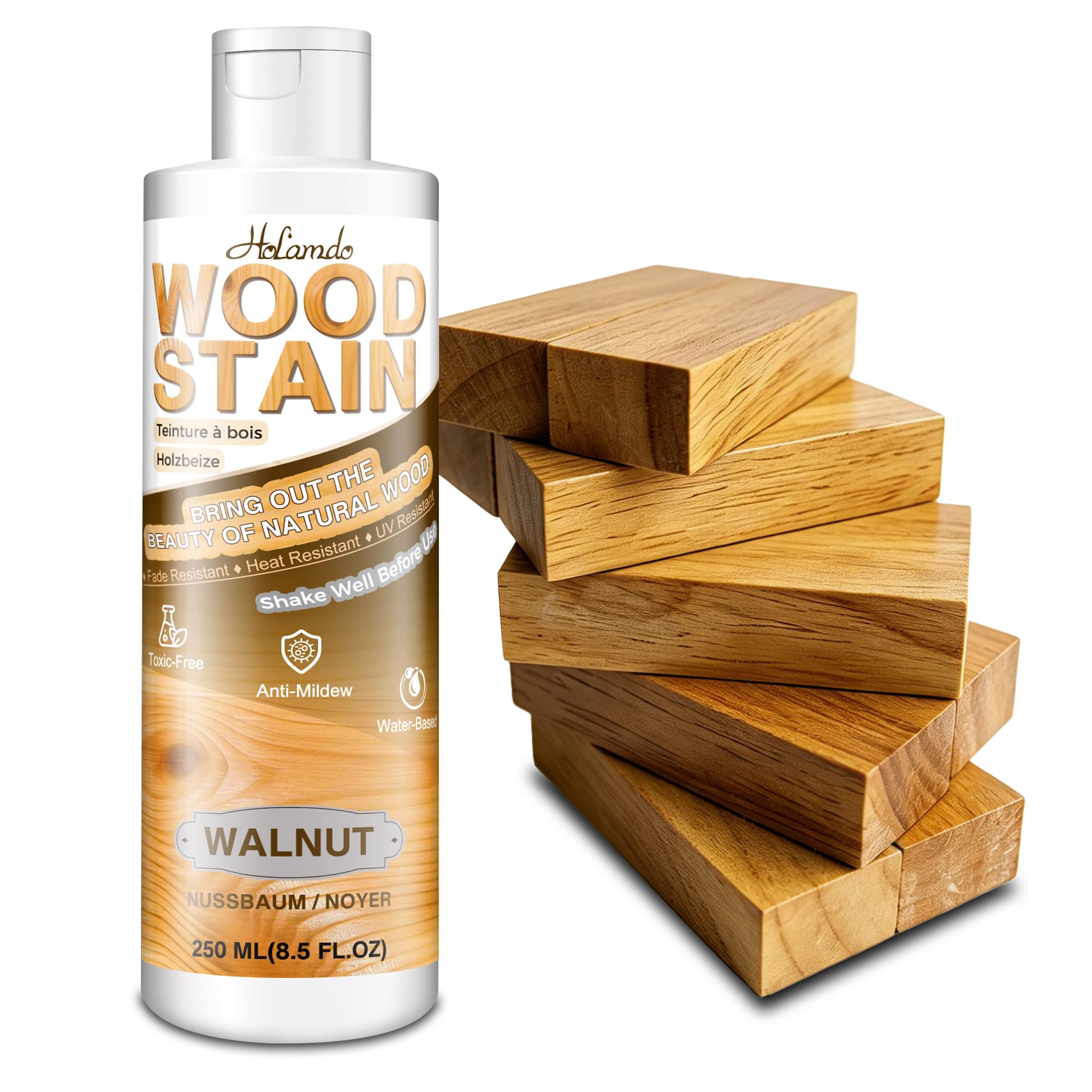 Water Based Wood Stain 250ml, Walnut – Indoor Outdoor Furniture Stain & Wood Varnish for Doors, Windows, Paneling & Cabinets, Low Odor Non-Toxic, Fade Resistant, Multiple Finishes
