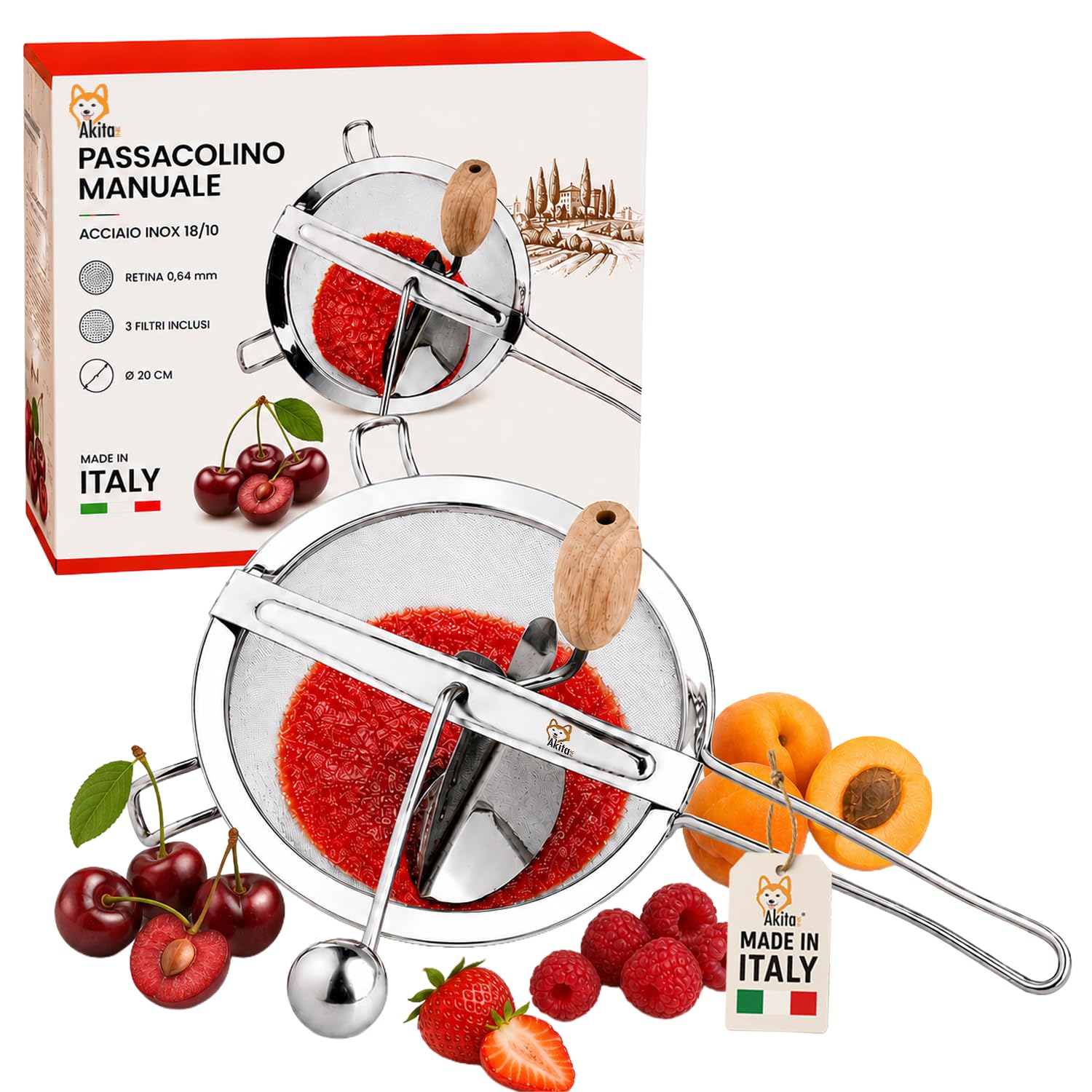Akitaink Passacolino 20 cm con Retina 0,64 mm, Setaccio Manuale per Marmellate, Farina, Verdure, Frutta e Legumi