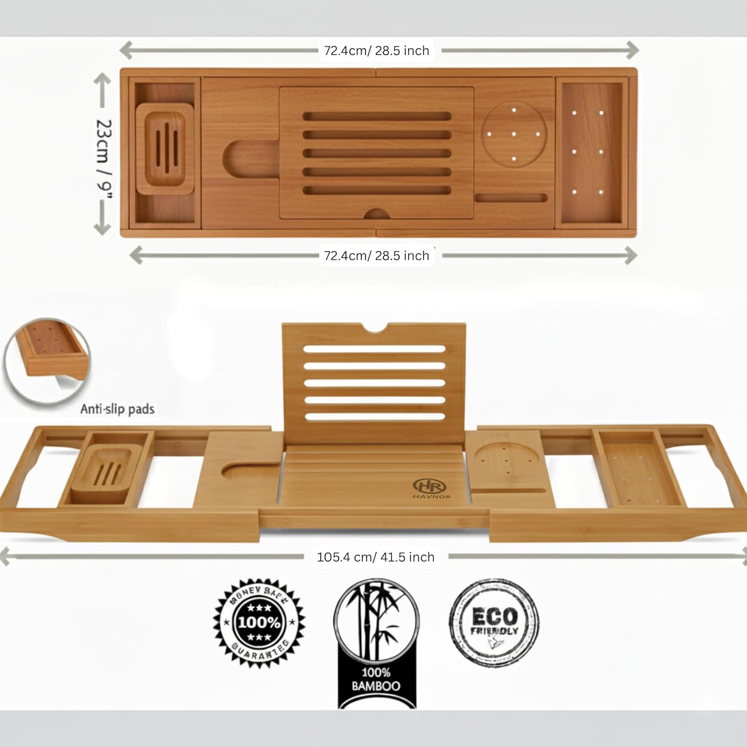 Bamboo Bathtub Caddy Tray Expandable & Foldable Bath Shelf with Book, Tablet & Wine Holder Adjustable Wooden Bath Tray for Relaxing Spa at Home – Fits Most Tub Sizes.
