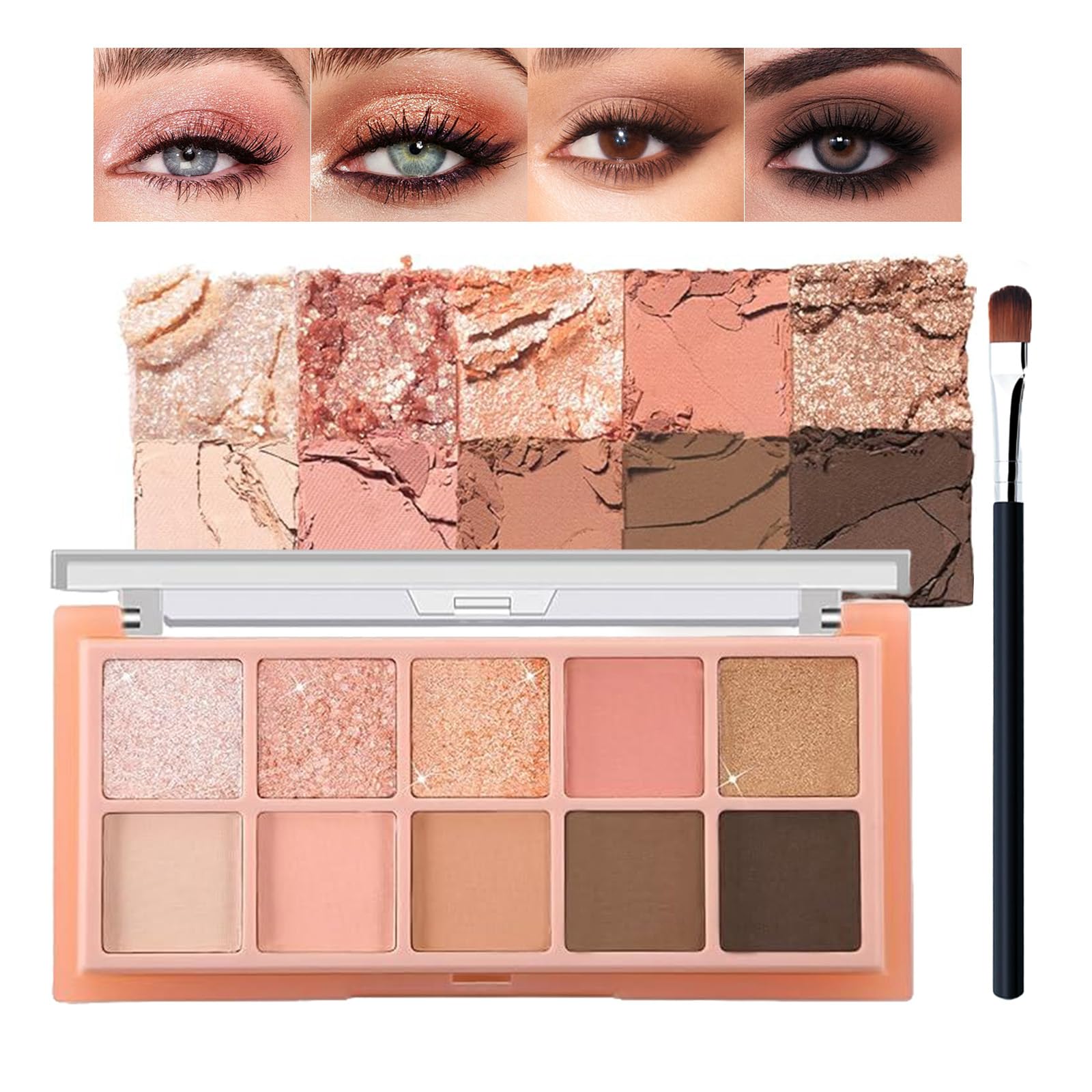 10 Colors Eyeshadow Palette, Highly Pigmented Pink Glitter & Matte Eye Shadow Includes Brushes, Blendable & Long Lasting