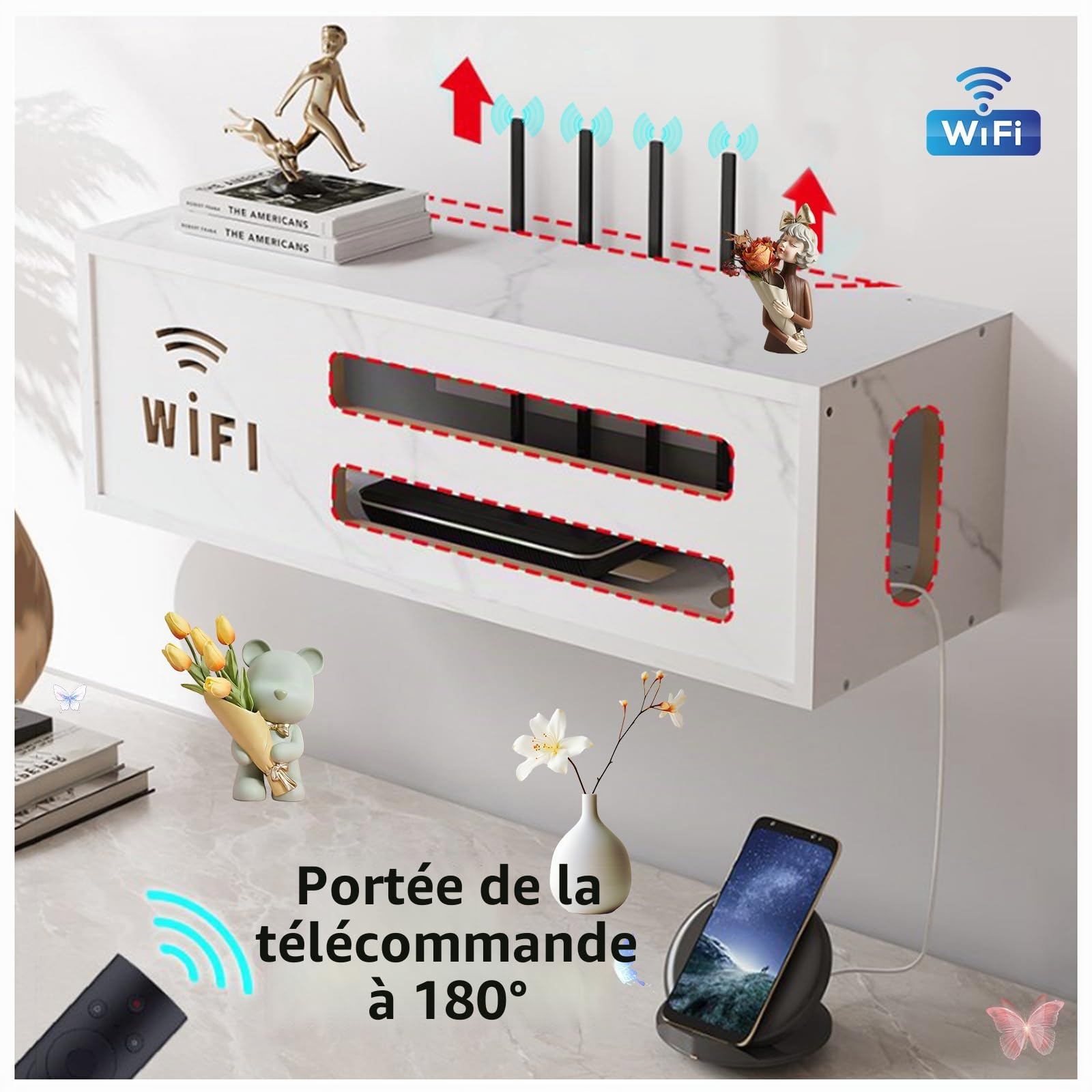 Boîte de Rangement pour routeur WiFi, Étagère de Routeur Murales, Box Internet, Support de Stockage WiFi en Bois, TV Décodeur Boîte de Rangement Murale(White)