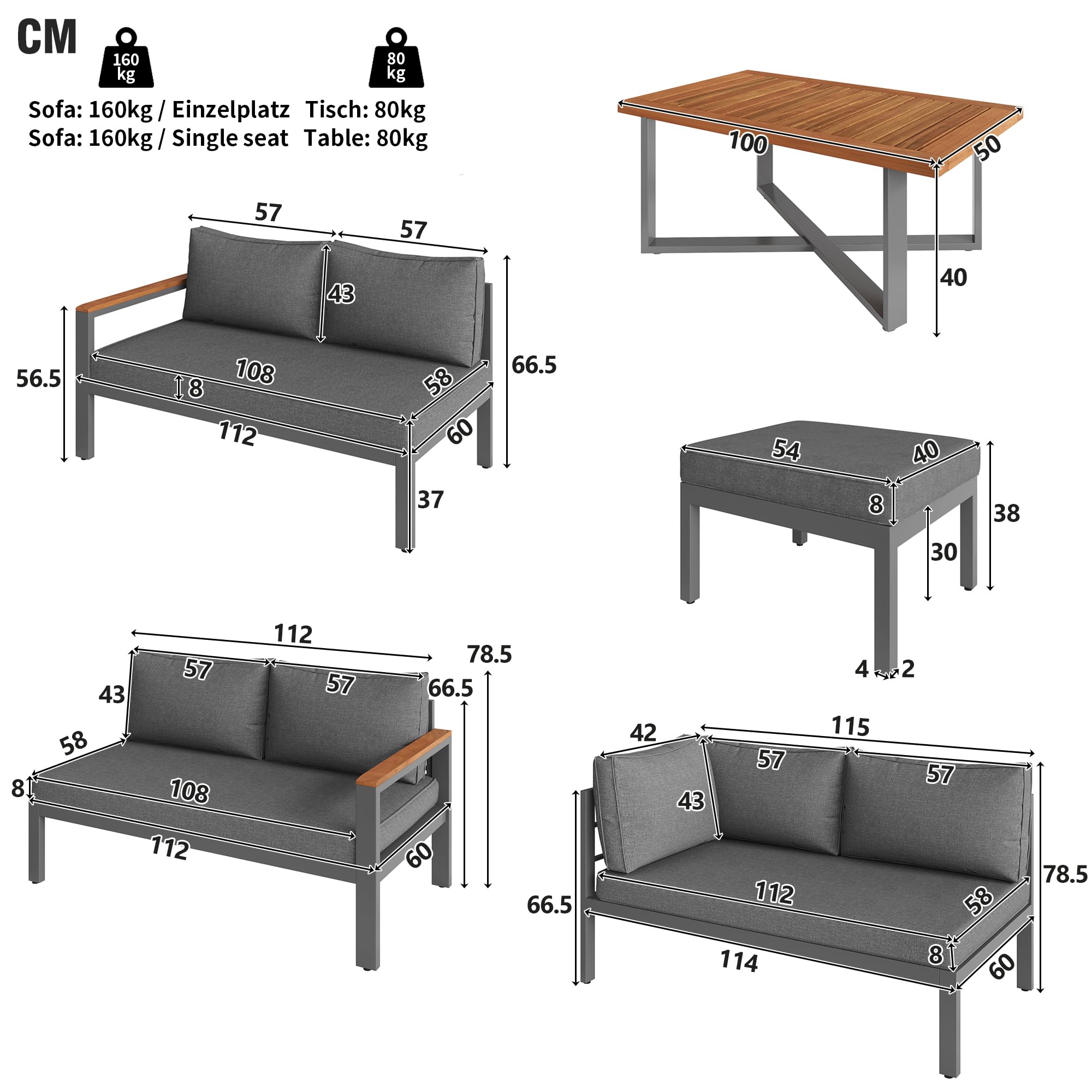 Set di mobili da esterno per 7-8 persone, divano angolare a forma di L con tavolino da caffè in legno e 2 sgabelli, set salvaspazio da giardino, soluzione per sedersi sul retro grigio