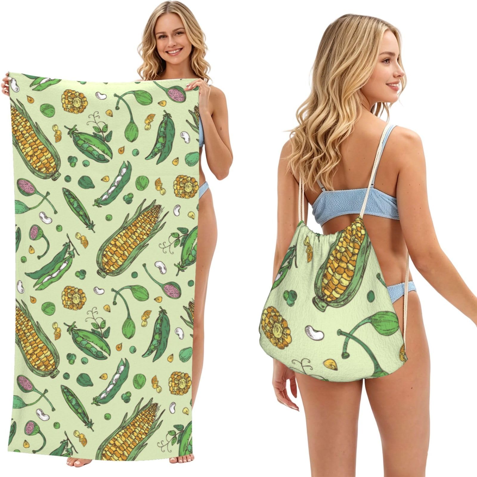 Poadnly As Picture Corn Peas Pod Beans Pod Caper, 2 In 1 Packable Towel Bag, Beach Towels With Drawstring Backpack For Travel Holiday Camping