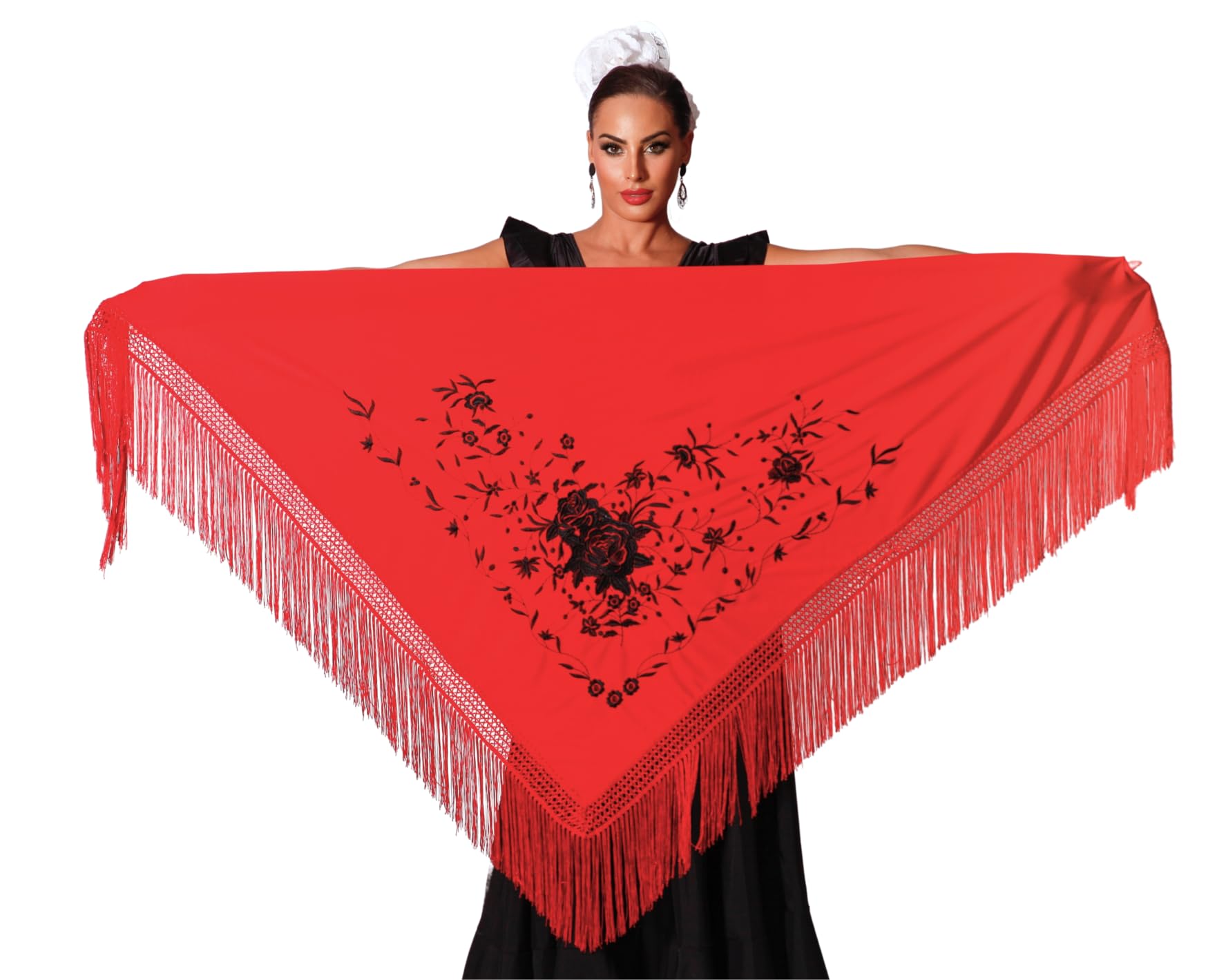AMINA JAADE Large flamenco shawl. Measures 195 x 95 cm excluding the fringes (30 cm), embroidered on one side.