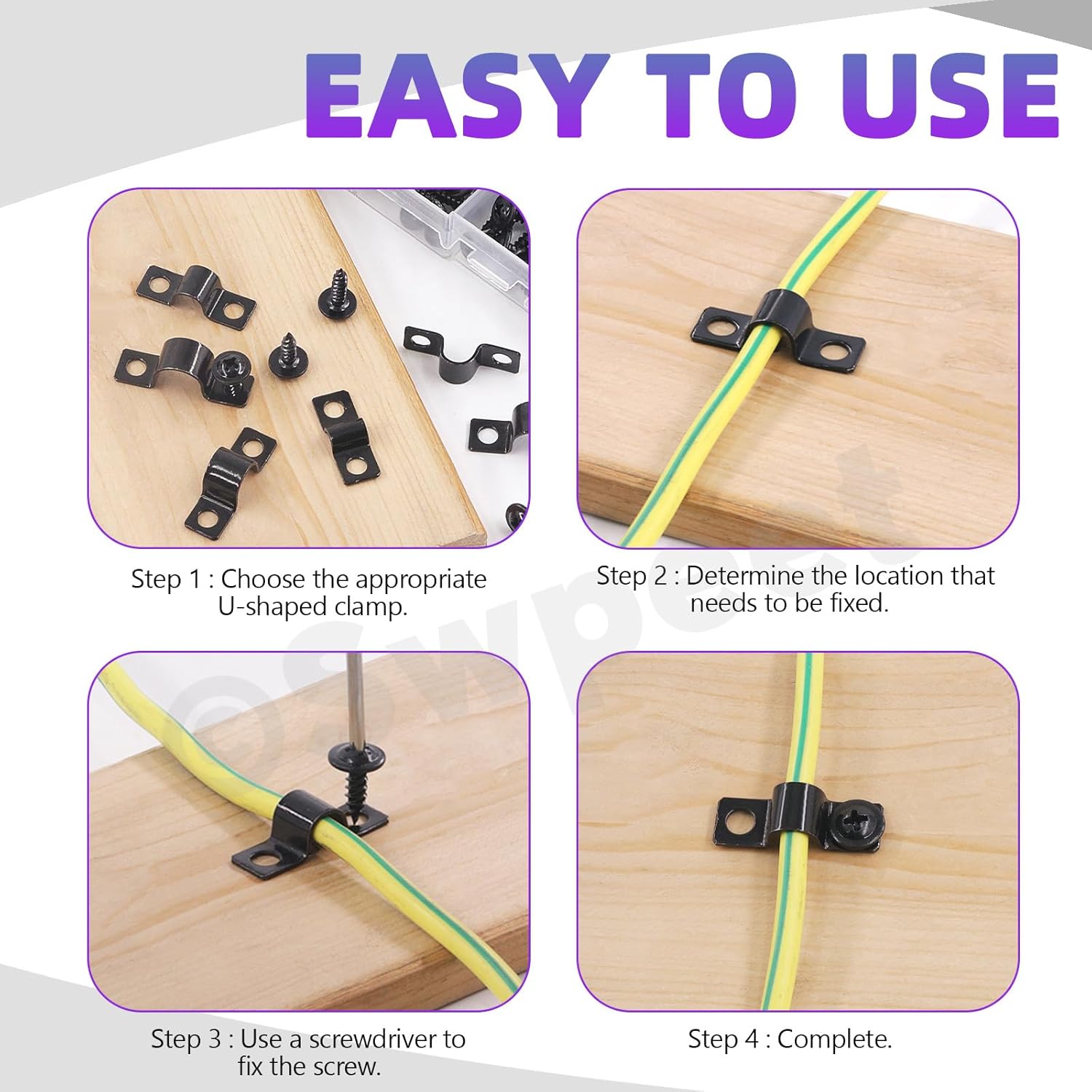 Swpeet 120Pcs 4 Sizes 5mm 8mm 10mm 12mm Two Hole U Bracket Clamp with Screws Assortment Kit, U-Clamps, Metal Pipe Clamps, Pipe Strap Clamps, Conduit, Tension Clips for Fixing Pipe or Cable