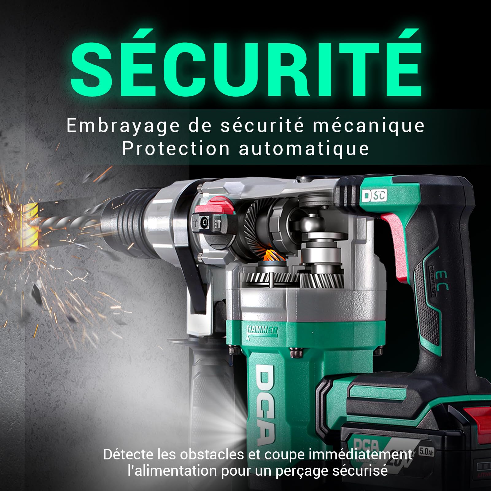 DCA Marteau Perforateur Sans Fil 20V, 4.5 J d'énergie de Frappe et 3800 BPM, 4 Pièces 28mm SDS-Plus, Moteur Sans Balais Marteau Perforateur Haute Performance, Batterie 5.0Ah, Chargeur Rapide 4A
