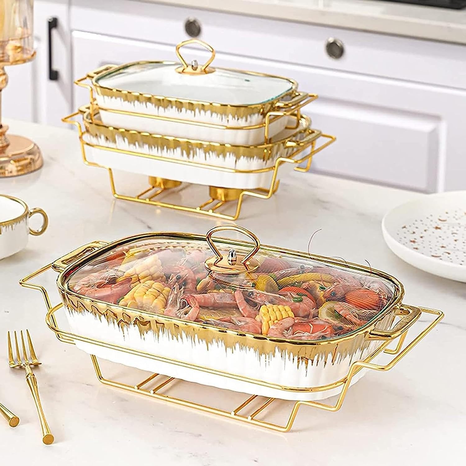 Juego de platos para rozaduras con tapa de cristal, estufa de alcohol para catering, fiesta, boda, paquete de cerámica para calentar alimentos en invierno