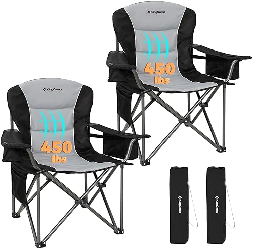 KingCamp Silla plegable de campamento de gran tamaño, resistente 450 libras con soporte lumbar, asiento acolchado con portavasos y bolsa