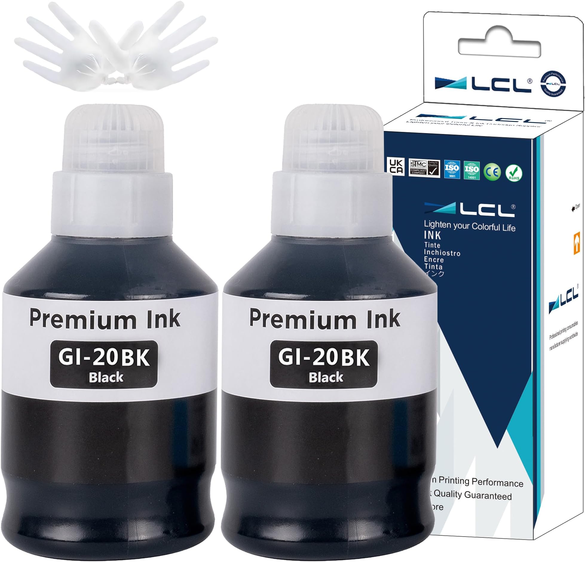 LCL Compatible Ink Bottle Pigment Replacement for Canon GI20 GI-20 GI-20PGBK GI-20BK PIXMA G6020 G5020 G7020 (2-Pack Black)