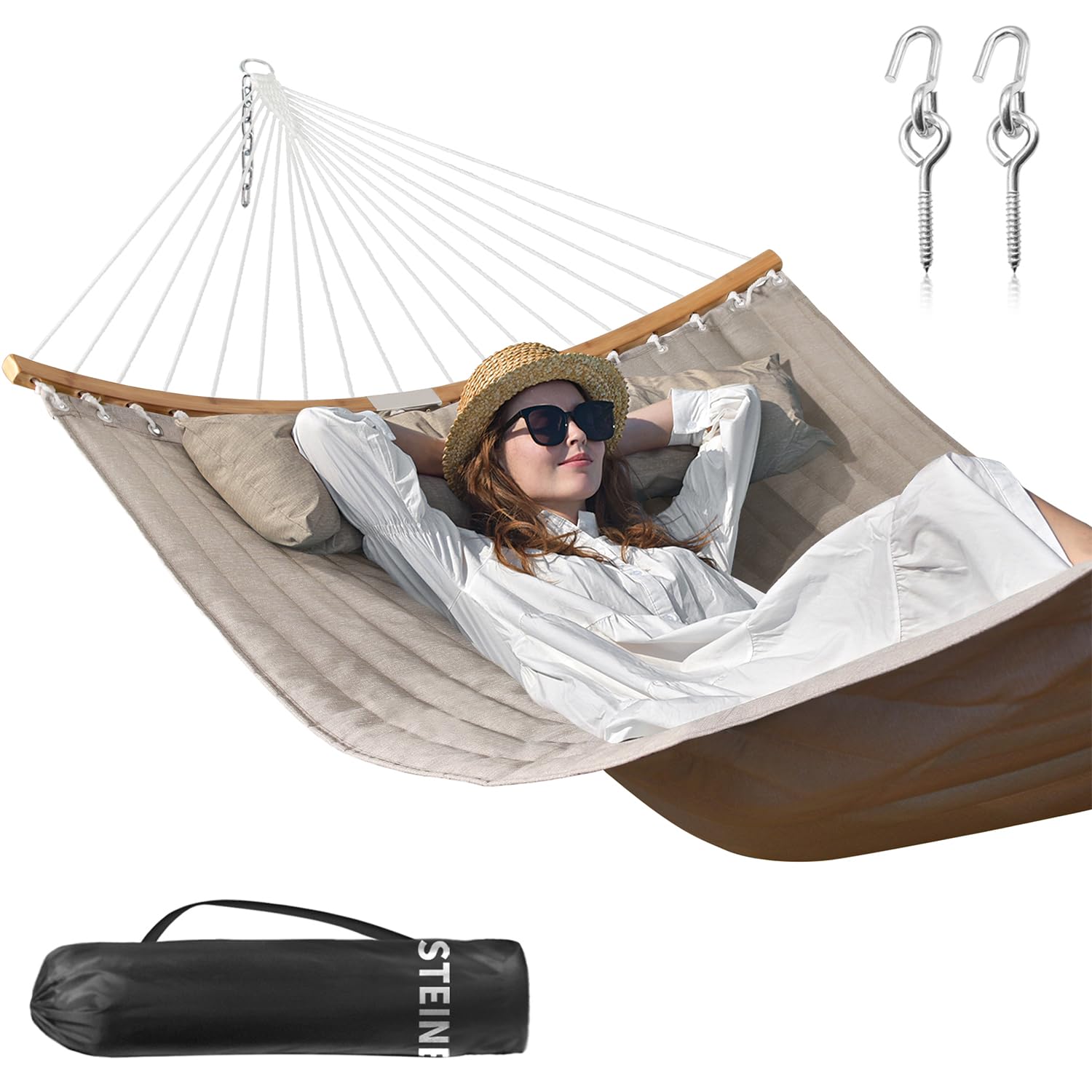 Hamac Double mit 2 Crochets, Hamac 2 Personnes en Tissu Matelassé De 335 cm pour l'Extérieur avec Oreiller, Barre d'écartement Incurvée Pliable, Chaînes, Capacité de 204 Kg, Amande Blanche
