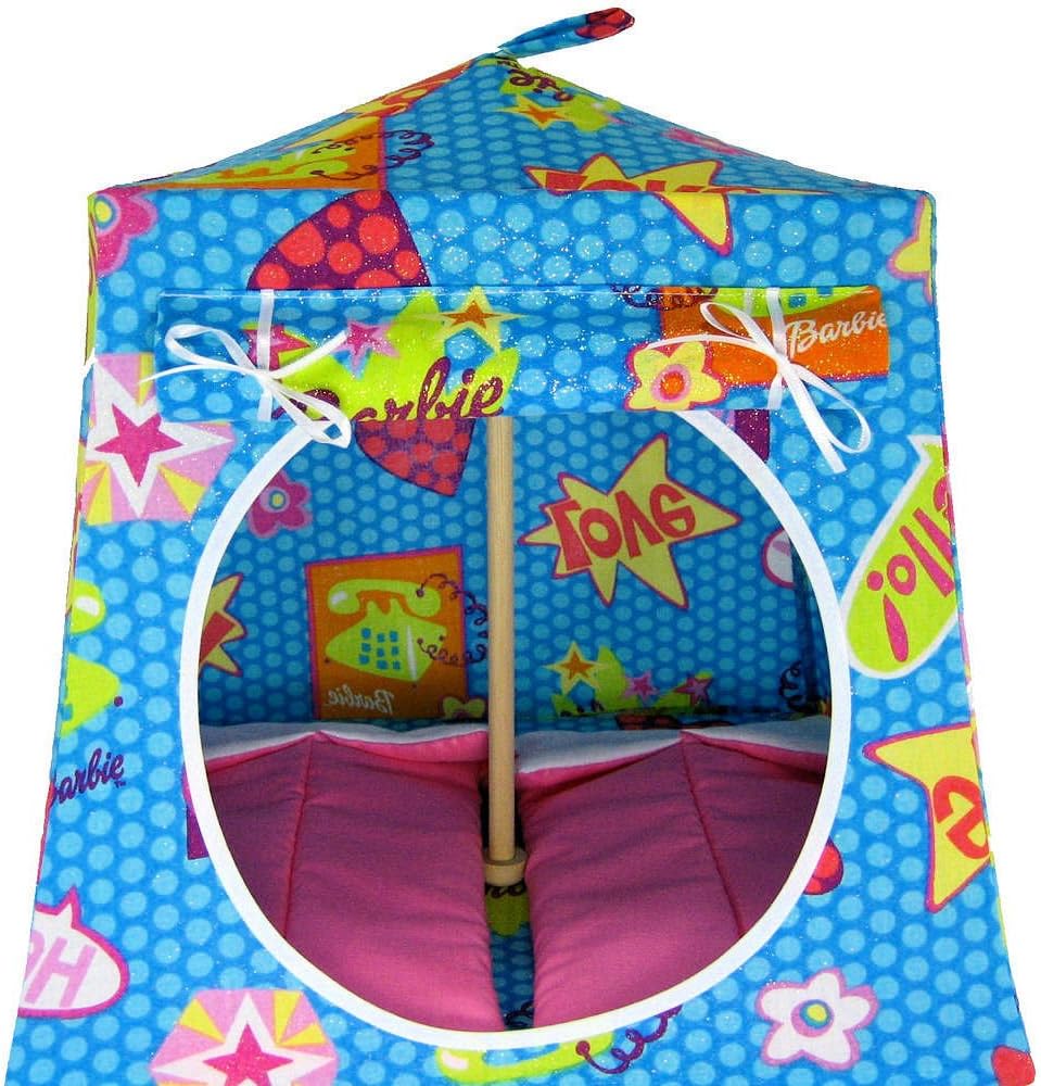 Toy Play Doll Tent, 2 Sleeping Bags, Light Blue with Sparkling Barbie Print Fabric for Dolls, Stuffed Animals