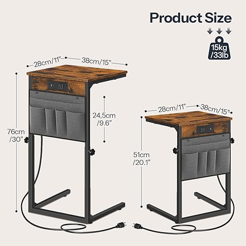 Miniatura 3 de HOOBRO Mesa auxiliar en forma de C con estación de carga, mesa auxiliar de sofá de altura ajustable de 30 pulgadas con bolsillo de almacenamiento,