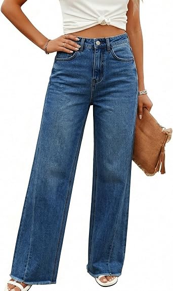 Wide Leg Jeans for Women Trendy High Waisted Baggy Jeans Summer Daily Pants Ruffle Hem Straight Leg Pant with Pockets