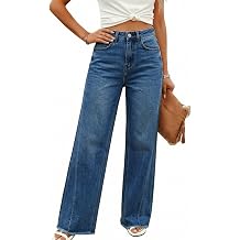 Wide Leg Jeans for Women Trendy High Waisted Baggy Jeans Summer Daily Pants Ruffle Hem Straight Leg Pant with Pockets