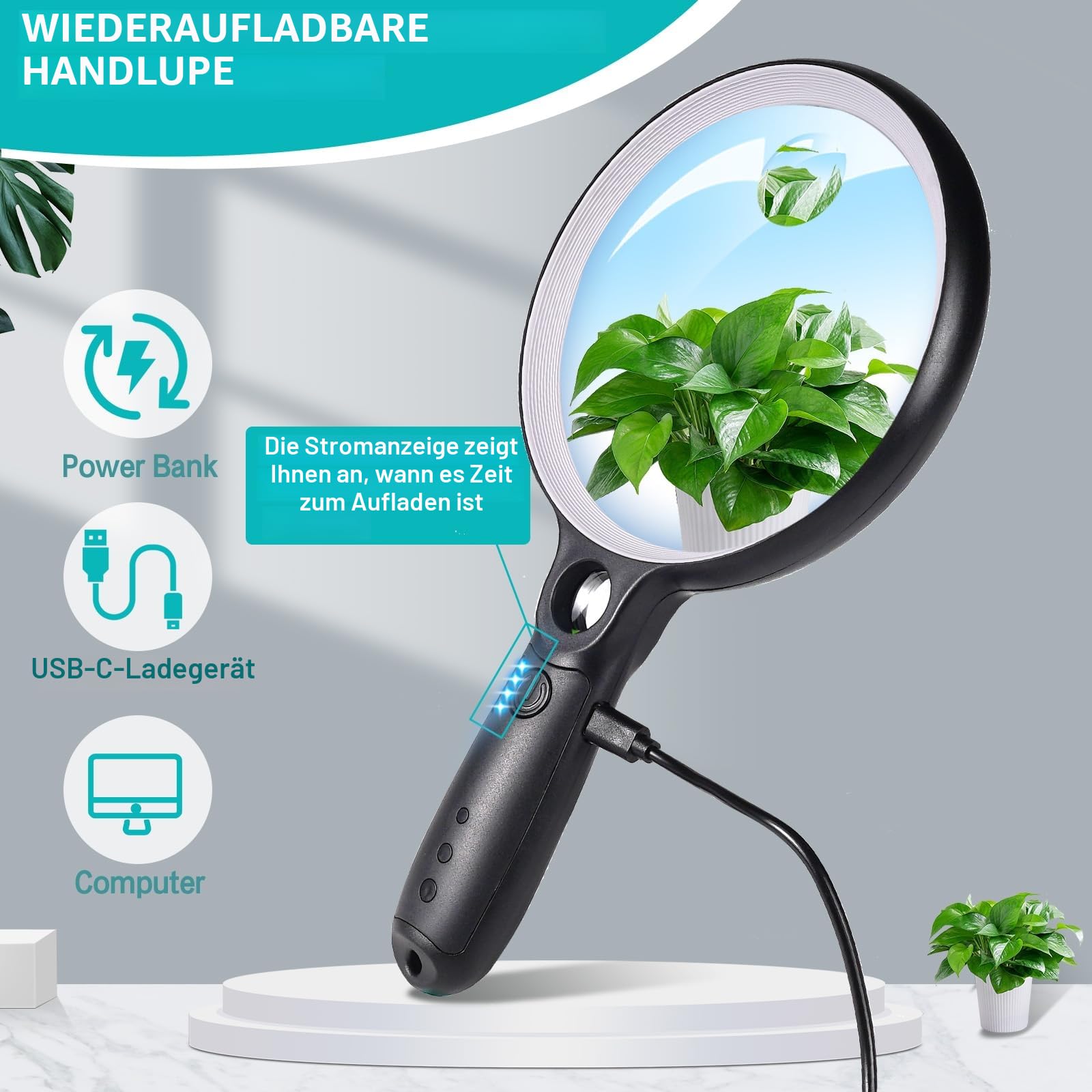 GABORISH Lupe mit Licht USB Aufladbar, 10X 20X 45X Vergrößerungsglas, 37 LED Beleuchtete Handlupe mit 3 Lichtmodi, Leselupe mit Licht für Senioren Groß (Weiß & Schwarz)