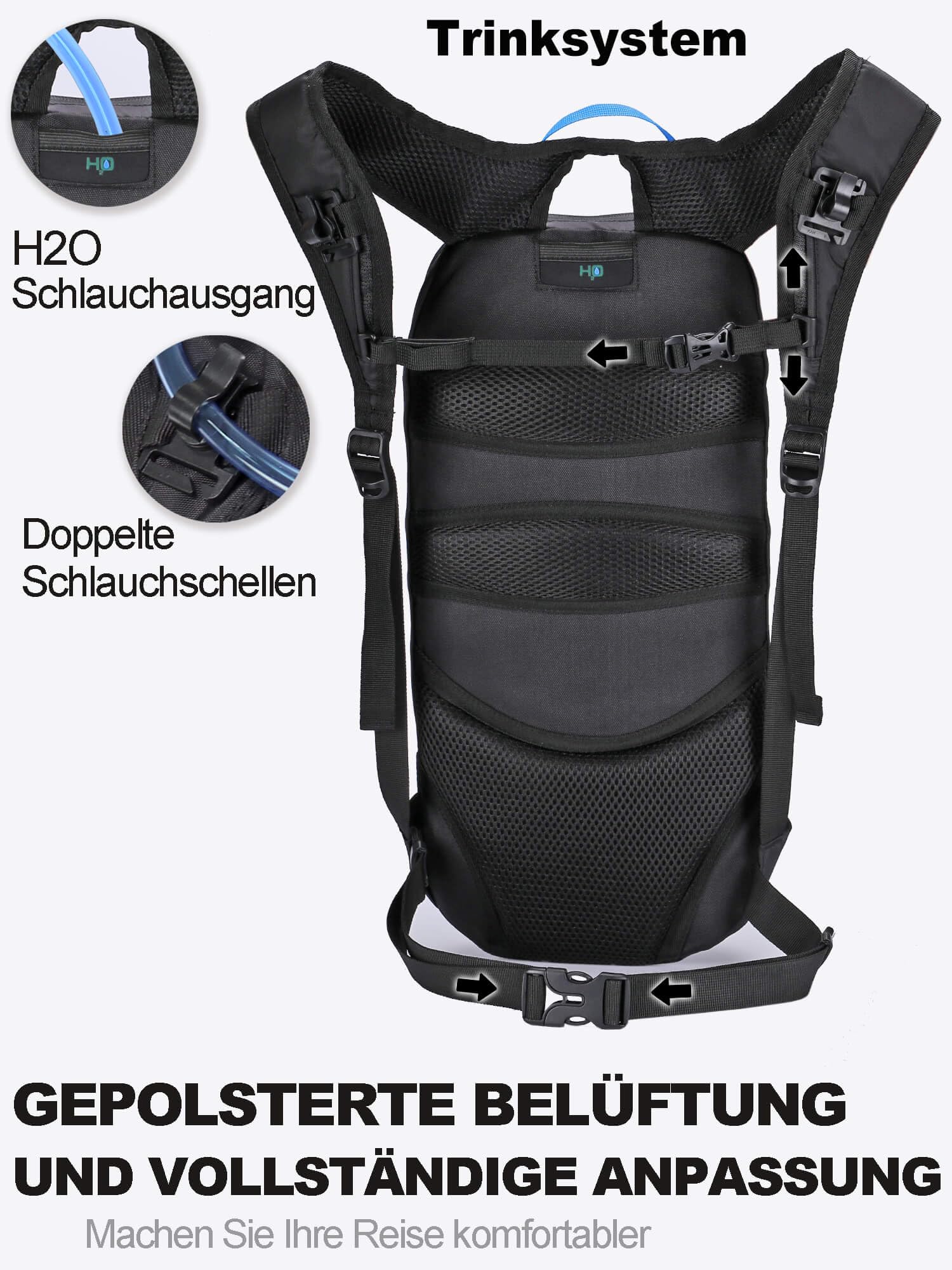 6L Fahrradrucksack mit 2L Trinkblase, Trinkrucksack Leicht & Atmungsaktiv, Mountainbike Rucksack mit Brust- & Hüftgurt, für Radfahren, Wandern, Laufen für Damen und Herren