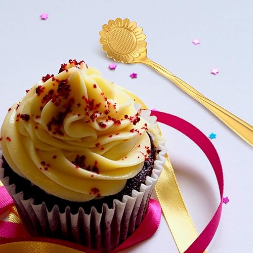 Miniatura 5 de Maitys Juego de 16 cucharas de café con flores de acero inoxidable, para postre, azúcar, helado, cucharas de té, para cocina, café o bar (dorado)